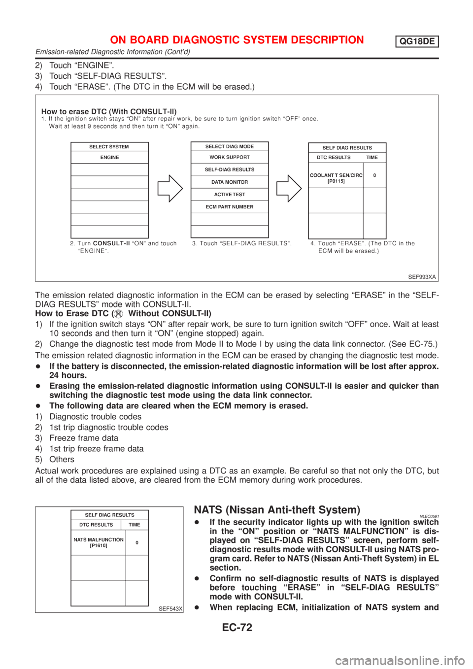 NISSAN ALMERA TINO 2001 Service Repair Manual 2) Touch ªENGINEº.
3) Touch ªSELF-DIAG RESULTSº.
4) Touch ªERASEº. (The DTC in the ECM will be erased.)
SEF993XA
The emission related diagnostic information in the ECM can be erased by selecting NISSAN ALMERA TINO 2001 Service Repair Manual 2) Touch ªENGINEº.
3) Touch ªSELF-DIAG RESULTSº.
4) Touch ªERASEº. (The DTC in the ECM will be erased.)
SEF993XA
The emission related diagnostic information in the ECM can be erased by selecting