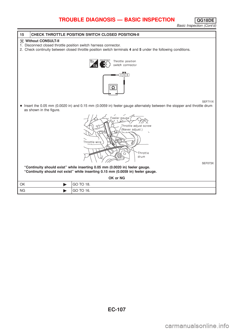 NISSAN ALMERA TINO 2001  Service Repair Manual 15 CHECK THROTTLE POSITION SWITCH CLOSED POSITION-II
Without CONSULT-II
1. Disconnect closed throttle position switch harness connector.
2. Check continuity between closed throttle position switch ter