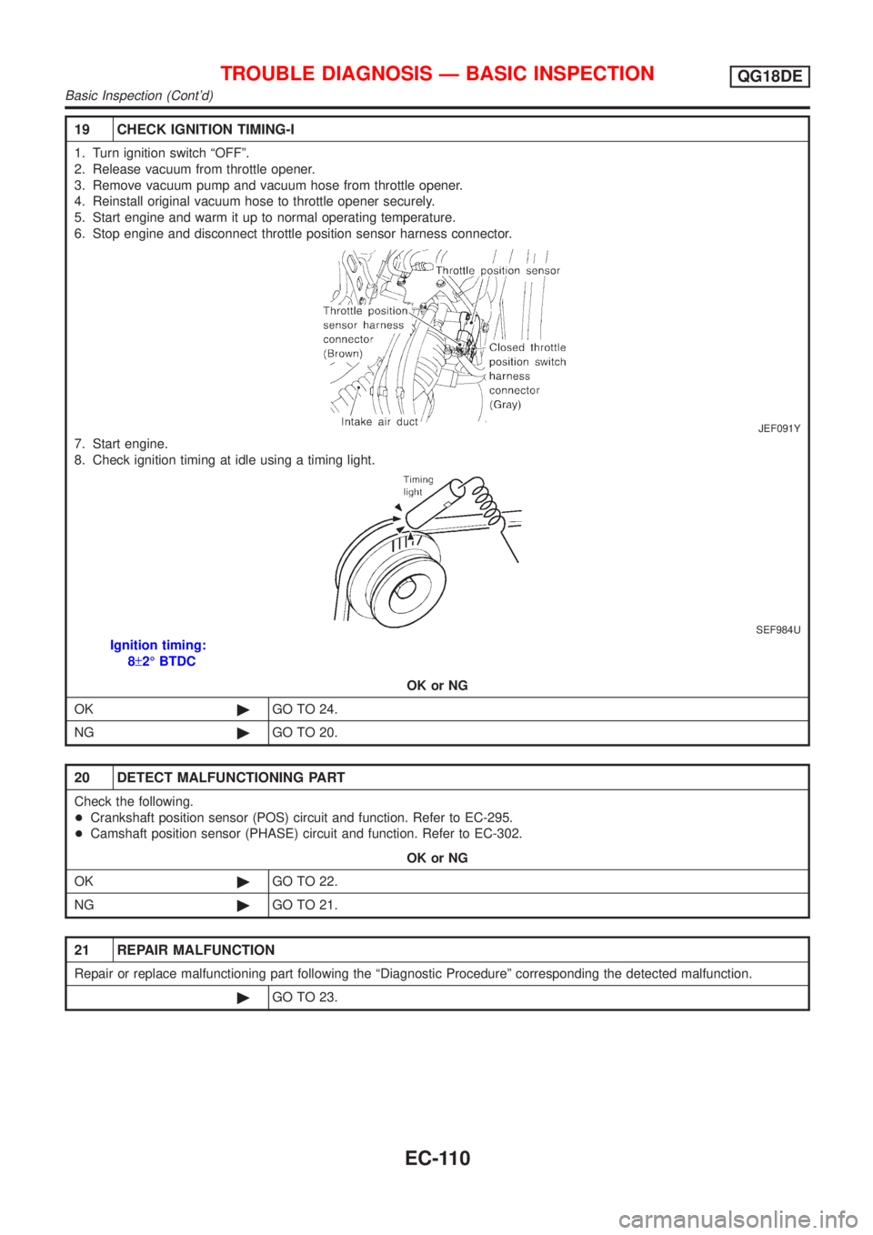 NISSAN ALMERA TINO 2001  Service Repair Manual 19 CHECK IGNITION TIMING-I
1. Turn ignition switch ªOFFº.
2. Release vacuum from throttle opener.
3. Remove vacuum pump and vacuum hose from throttle opener.
4. Reinstall original vacuum hose to thr