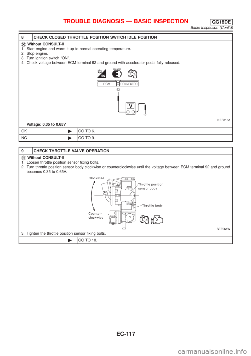 NISSAN ALMERA TINO 2001  Service Repair Manual 8 CHECK CLOSED THROTTLE POSITION SWITCH IDLE POSITION
Without CONSULT-II
1. Start engine and warm it up to normal operating temperature.
2. Stop engine.
3. Turn ignition switch ªONº.
4. Check voltag