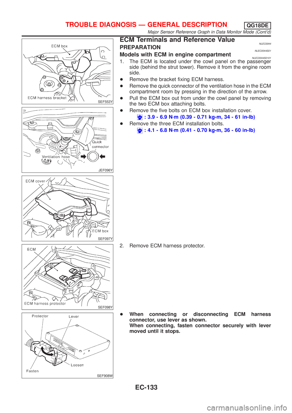 NISSAN ALMERA TINO 2001  Service Repair Manual SEF553Y
JEF096Y
SEF097Y
ECM Terminals and Reference ValueNLEC0044PREPARATIONNLEC0044S01Models with ECM in engine compartmentNLEC0044S01011. The ECM is located under the cowl panel on the passenger
sid