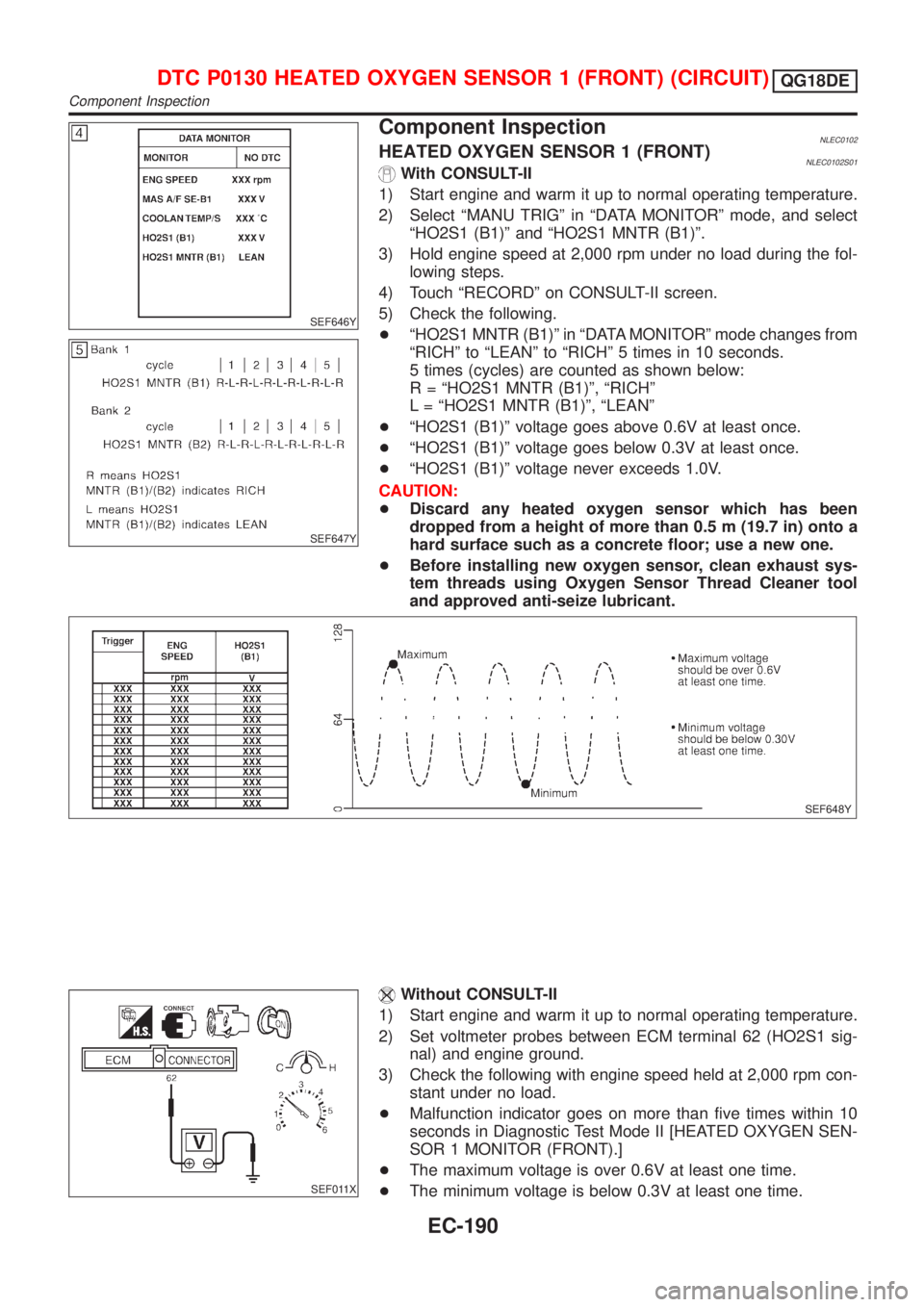 NISSAN ALMERA TINO 2001 Service Repair Manual SEF646Y
SEF647Y
Component InspectionNLEC0102HEATED OXYGEN SENSOR 1 (FRONT)NLEC0102S01With CONSULT-II
1) Start engine and warm it up to normal operating temperature.
2) Select ªMANU TRIGº in ªDATA M NISSAN ALMERA TINO 2001 Service Repair Manual SEF646Y
SEF647Y
Component InspectionNLEC0102HEATED OXYGEN SENSOR 1 (FRONT)NLEC0102S01With CONSULT-II
1) Start engine and warm it up to normal operating temperature.
2) Select ªMANU TRIGº in ªDATA M