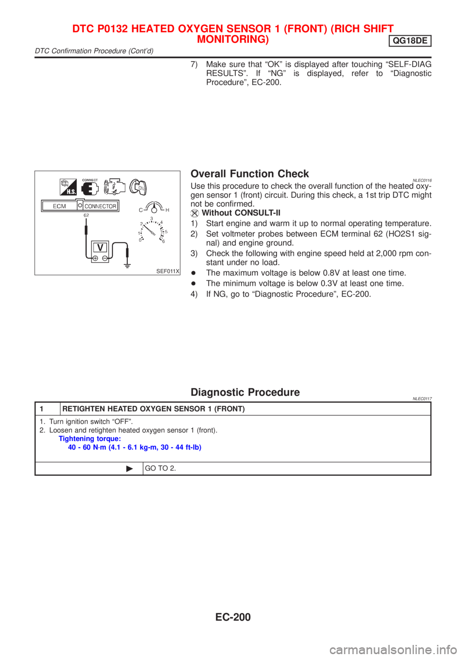 NISSAN ALMERA TINO 2001 Service Repair Manual 7) Make sure that ªOKº is displayed after touching ªSELF-DIAG
RESULTSº. If ªNGº is displayed, refer to ªDiagnostic
Procedureº, EC-200.
SEF011X
Overall Function CheckNLEC0116Use this procedure NISSAN ALMERA TINO 2001 Service Repair Manual 7) Make sure that ªOKº is displayed after touching ªSELF-DIAG
RESULTSº. If ªNGº is displayed, refer to ªDiagnostic
Procedureº, EC-200.
SEF011X
Overall Function CheckNLEC0116Use this procedure