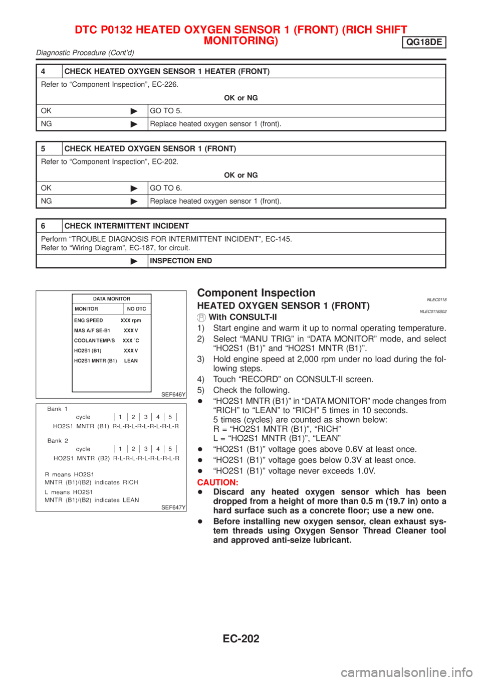 NISSAN ALMERA TINO 2001 Service Repair Manual 4 CHECK HEATED OXYGEN SENSOR 1 HEATER (FRONT)
Refer to ªComponent Inspectionº, EC-226.
OK or NG
OK©GO TO 5.
NG©Replace heated oxygen sensor 1 (front).
5 CHECK HEATED OXYGEN SENSOR 1 (FRONT)
Refer NISSAN ALMERA TINO 2001 Service Repair Manual 4 CHECK HEATED OXYGEN SENSOR 1 HEATER (FRONT)
Refer to ªComponent Inspectionº, EC-226.
OK or NG
OK©GO TO 5.
NG©Replace heated oxygen sensor 1 (front).
5 CHECK HEATED OXYGEN SENSOR 1 (FRONT)
Refer