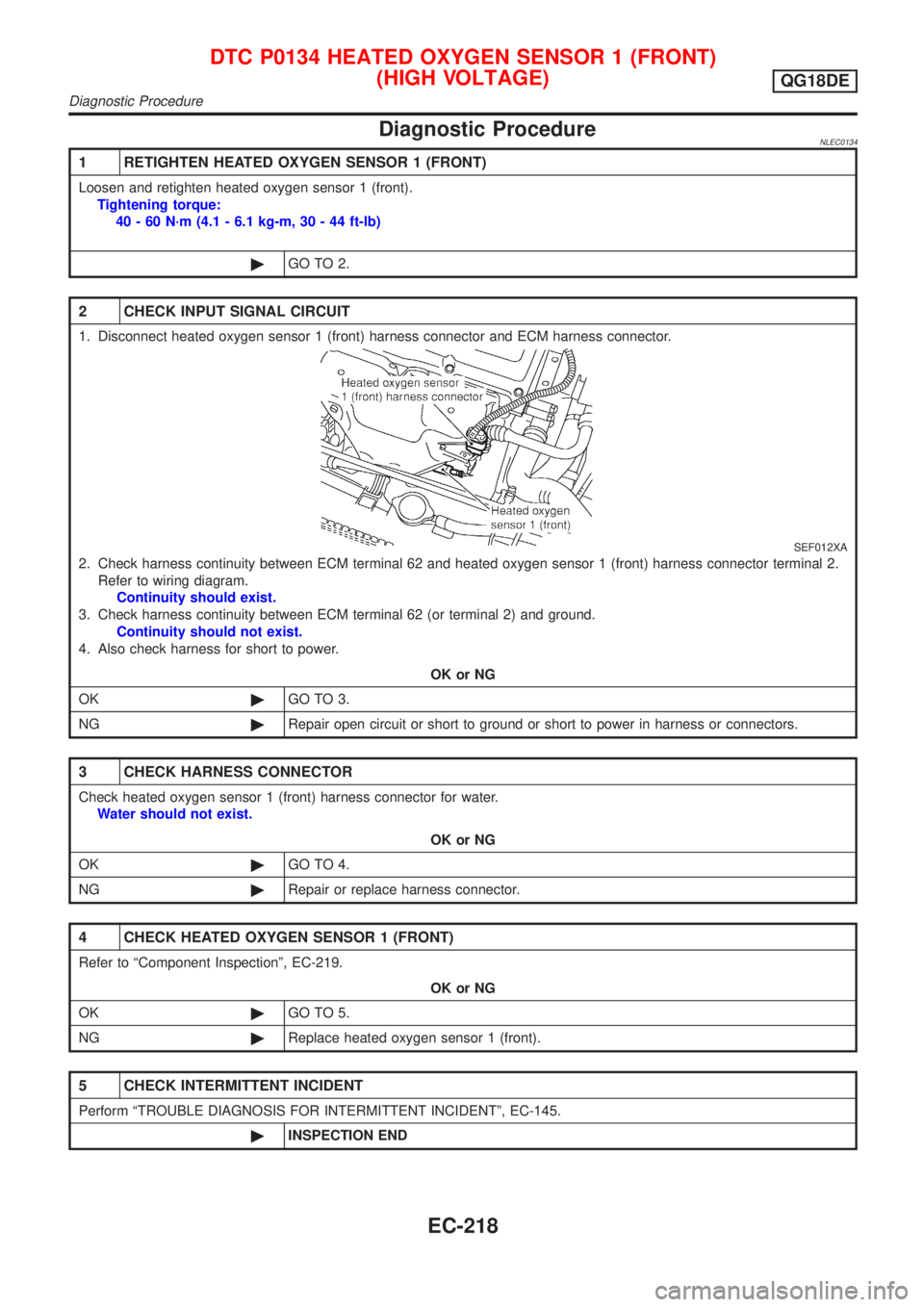 NISSAN ALMERA TINO 2001 Service Repair Manual Diagnostic ProcedureNLEC0134
1 RETIGHTEN HEATED OXYGEN SENSOR 1 (FRONT)
Loosen and retighten heated oxygen sensor 1 (front).
Tightening torque:
40 - 60 N´m (4.1 - 6.1 kg-m, 30 - 44 ft-lb)
©GO TO 2.
NISSAN ALMERA TINO 2001 Service Repair Manual Diagnostic ProcedureNLEC0134
1 RETIGHTEN HEATED OXYGEN SENSOR 1 (FRONT)
Loosen and retighten heated oxygen sensor 1 (front).
Tightening torque:
40 - 60 N´m (4.1 - 6.1 kg-m, 30 - 44 ft-lb)
©GO TO 2.