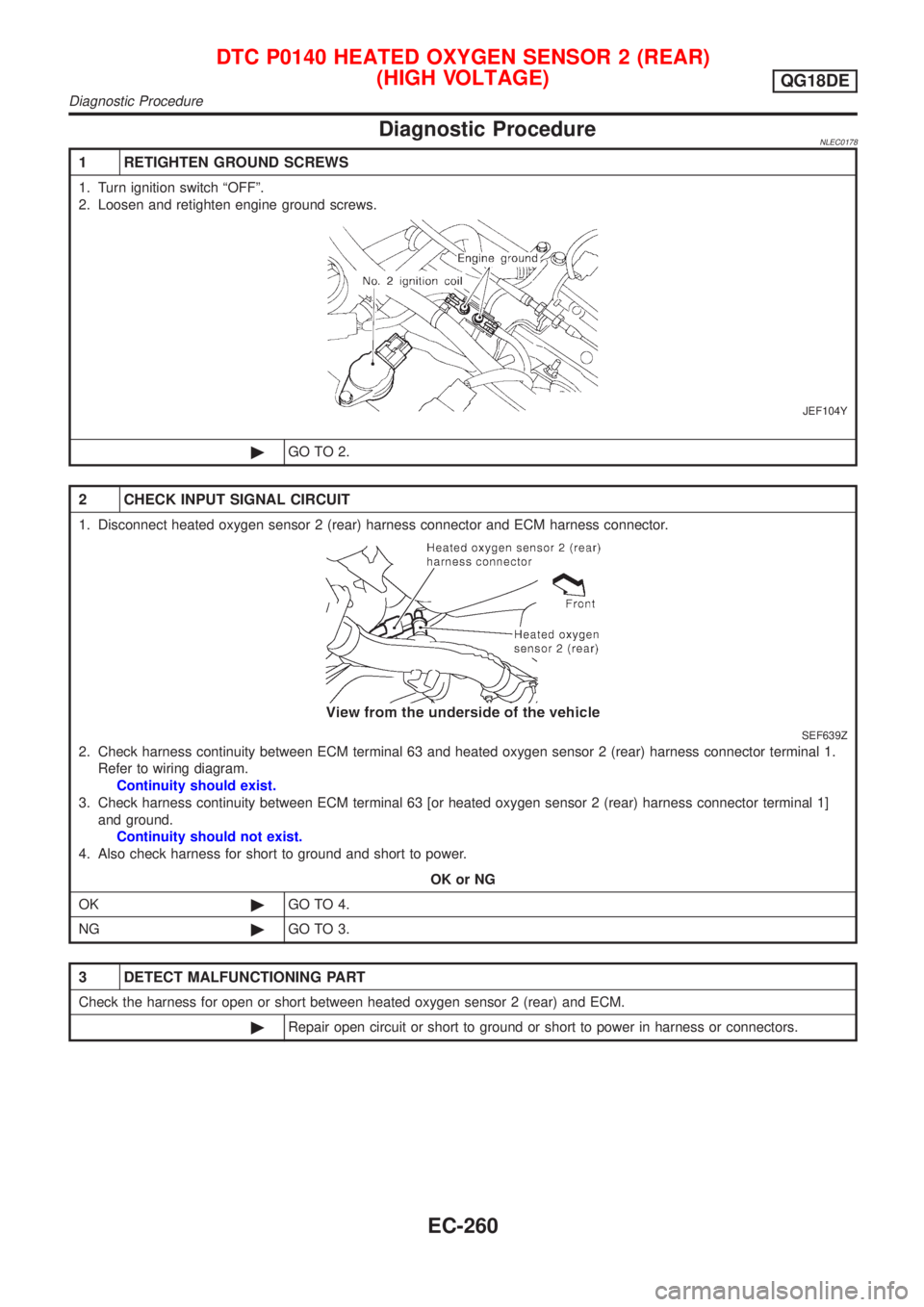 NISSAN ALMERA TINO 2001 Service Repair Manual Diagnostic ProcedureNLEC0178
1 RETIGHTEN GROUND SCREWS
1. Turn ignition switch ªOFFº.
2. Loosen and retighten engine ground screws.
JEF104Y
©GO TO 2.
2 CHECK INPUT SIGNAL CIRCUIT
1. Disconnect heat NISSAN ALMERA TINO 2001 Service Repair Manual Diagnostic ProcedureNLEC0178
1 RETIGHTEN GROUND SCREWS
1. Turn ignition switch ªOFFº.
2. Loosen and retighten engine ground screws.
JEF104Y
©GO TO 2.
2 CHECK INPUT SIGNAL CIRCUIT
1. Disconnect heat