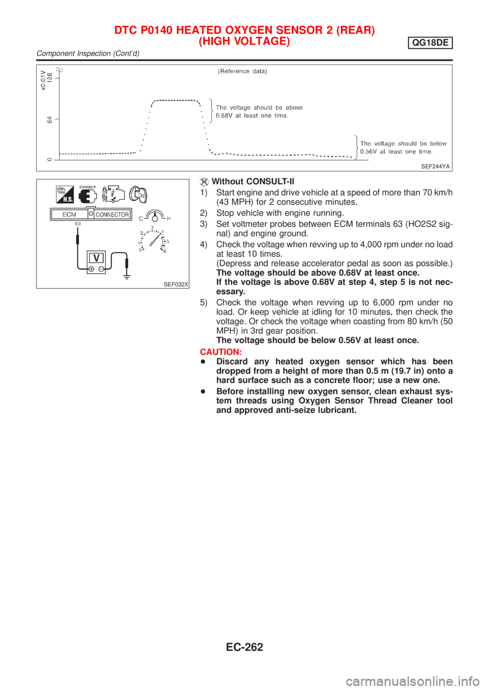 NISSAN ALMERA TINO 2001 Service Repair Manual SEF244YA
SEF032X
Without CONSULT-II
1) Start engine and drive vehicle at a speed of more than 70 km/h
(43 MPH) for 2 consecutive minutes.
2) Stop vehicle with engine running.
3) Set voltmeter probes b NISSAN ALMERA TINO 2001 Service Repair Manual SEF244YA
SEF032X
Without CONSULT-II
1) Start engine and drive vehicle at a speed of more than 70 km/h
(43 MPH) for 2 consecutive minutes.
2) Stop vehicle with engine running.
3) Set voltmeter probes b