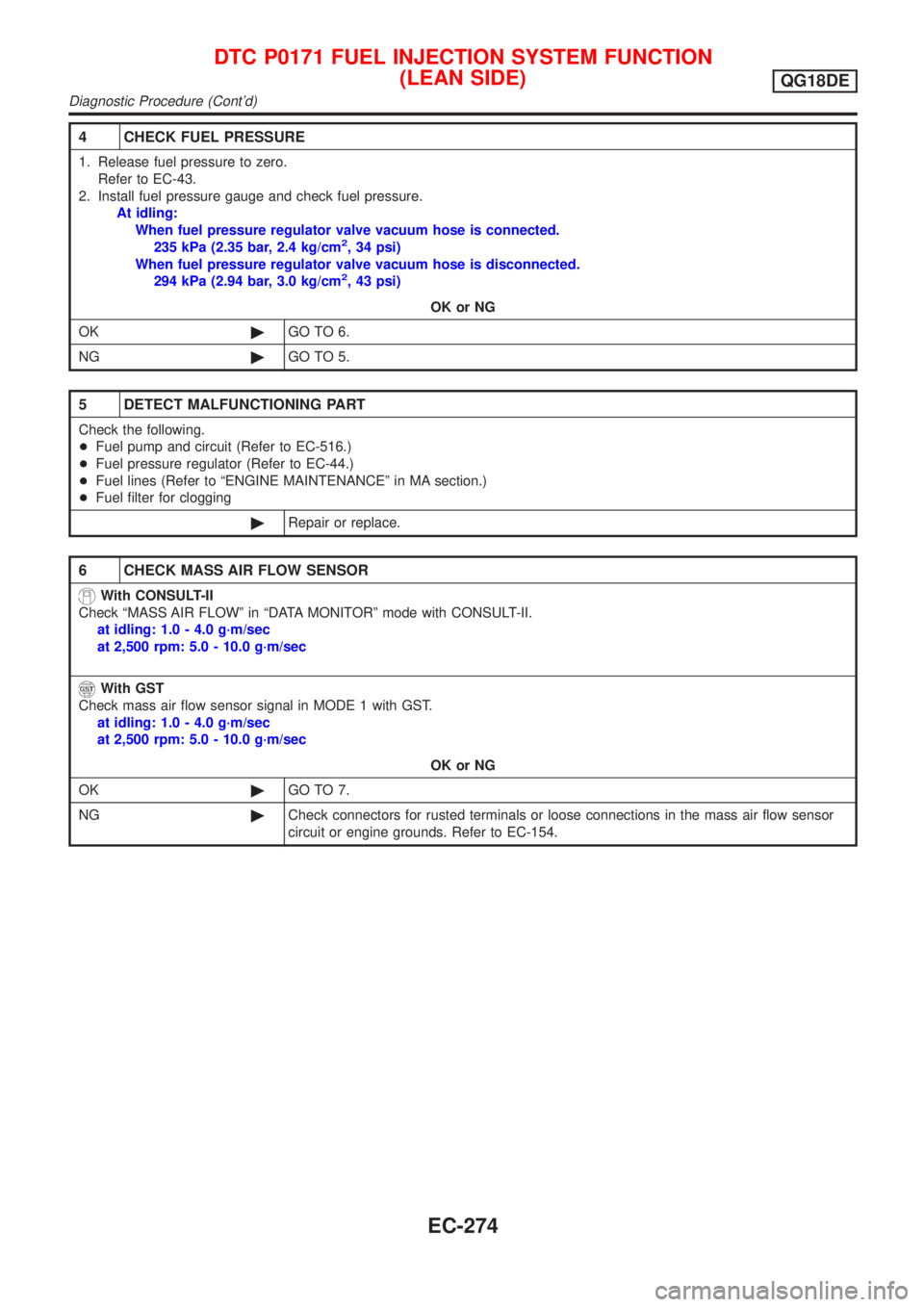 NISSAN ALMERA TINO 2001  Service Repair Manual 4 CHECK FUEL PRESSURE
1. Release fuel pressure to zero.
Refer to EC-43.
2. Install fuel pressure gauge and check fuel pressure.
At idling:
When fuel pressure regulator valve vacuum hose is connected.

