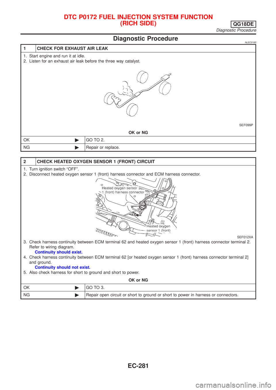 NISSAN ALMERA TINO 2001  Service Repair Manual Diagnostic ProcedureNLEC0195
1 CHECK FOR EXHAUST AIR LEAK
1. Start engine and run it at idle.
2. Listen for an exhaust air leak before the three way catalyst.
SEF099P
OK or NG
OK©GO TO 2.
NG©Repair 