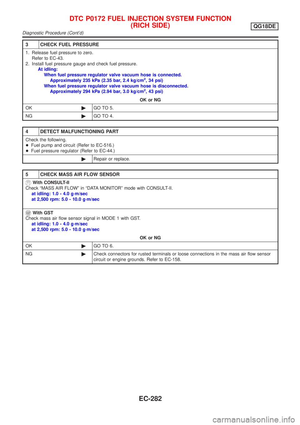 NISSAN ALMERA TINO 2001  Service Repair Manual 3 CHECK FUEL PRESSURE
1. Release fuel pressure to zero.
Refer to EC-43.
2. Install fuel pressure gauge and check fuel pressure.
At idling:
When fuel pressure regulator valve vacuum hose is connected.
