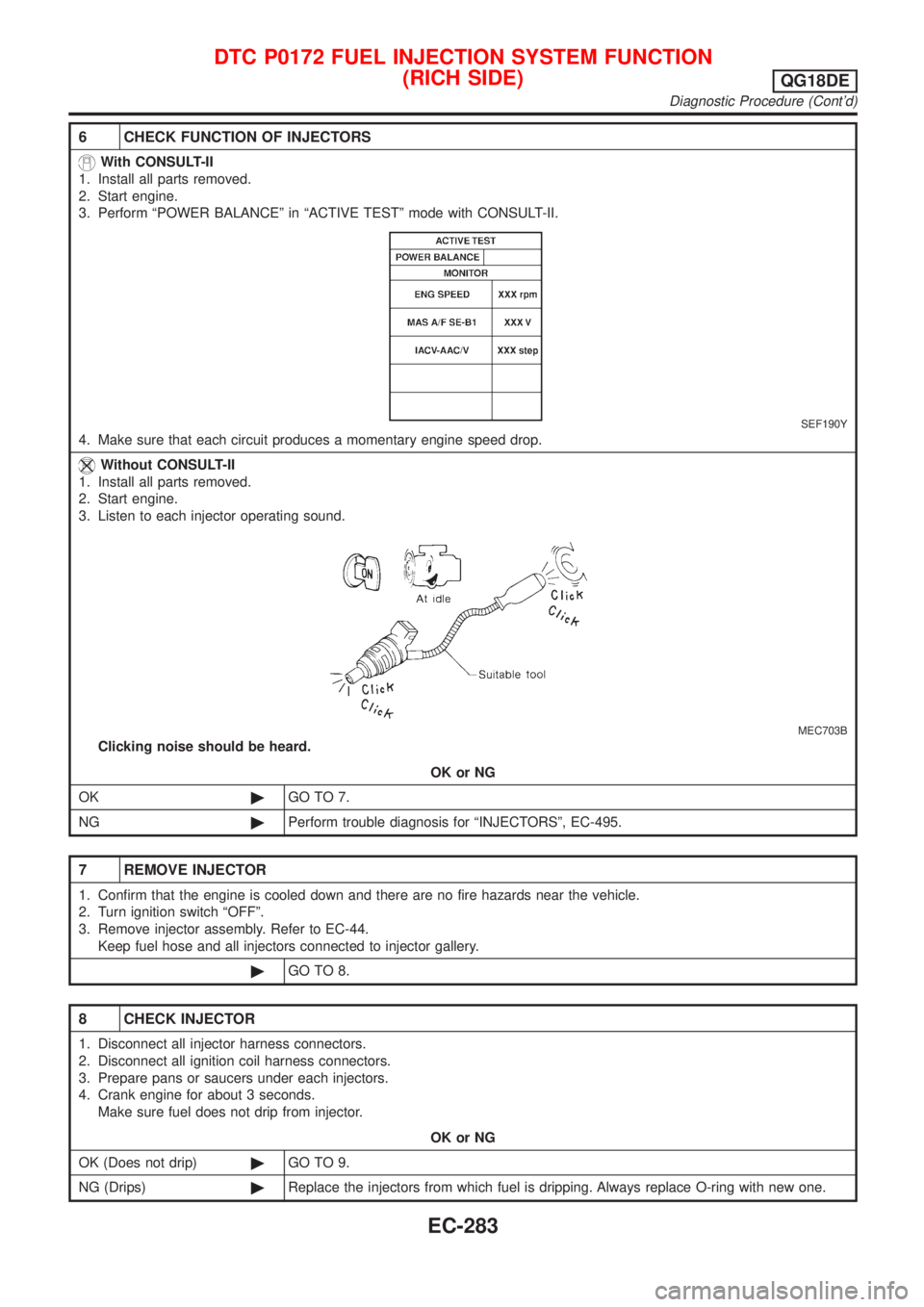 NISSAN ALMERA TINO 2001  Service Repair Manual 6 CHECK FUNCTION OF INJECTORS
With CONSULT-II
1. Install all parts removed.
2. Start engine.
3. Perform ªPOWER BALANCEº in ªACTIVE TESTº mode with CONSULT-II.
SEF190Y
4. Make sure that each circui