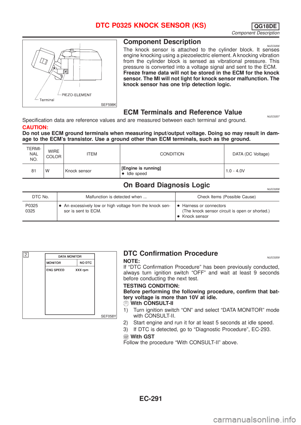 NISSAN ALMERA TINO 2001  Service Repair Manual SEF598K
Component DescriptionNLEC0206The knock sensor is attached to the cylinder block. It senses
engine knocking using a piezoelectric element. A knocking vibration
from the cylinder block is sensed