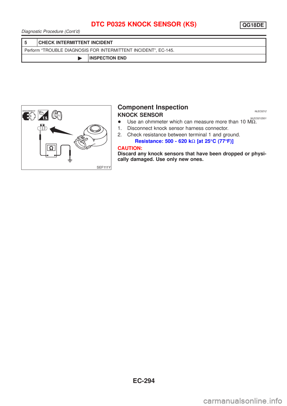 NISSAN ALMERA TINO 2001  Service Repair Manual 5 CHECK INTERMITTENT INCIDENT
Perform ªTROUBLE DIAGNOSIS FOR INTERMITTENT INCIDENTº, EC-145.
©INSPECTION END
SEF111Y
Component InspectionNLEC0212KNOCK SENSORNLEC0212S01+Use an ohmmeter which can me