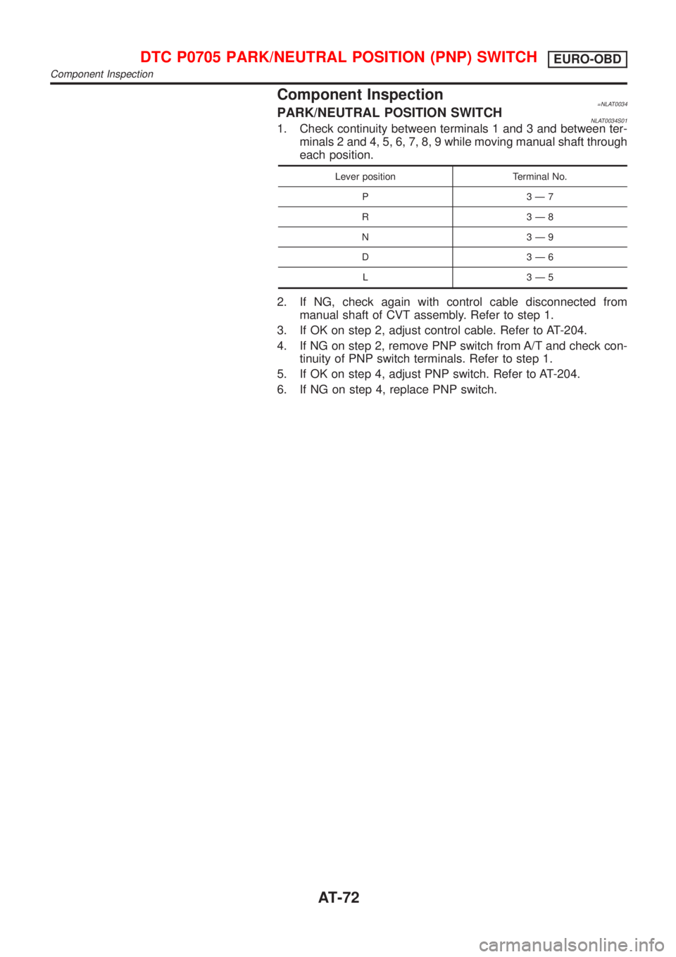 NISSAN ALMERA TINO 2001  Service Manual PDF Component Inspection=NLAT0034PARK/NEUTRAL POSITION SWITCHNLAT0034S011. Check continuity between terminals 1 and 3 and between ter-
minals 2 and 4, 5, 6, 7, 8, 9 while moving manual shaft through
each 