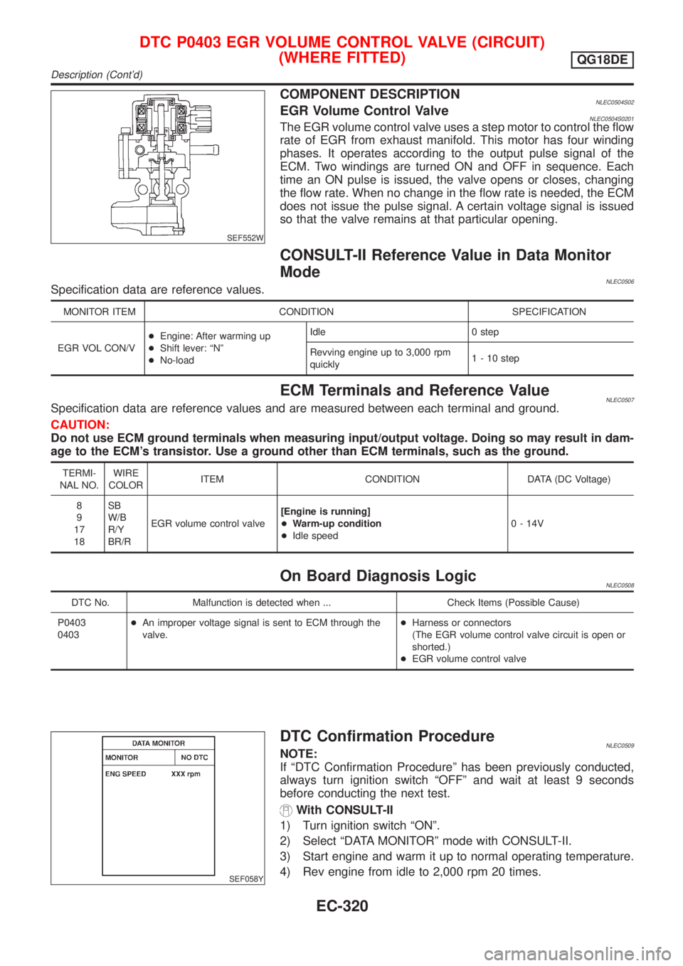 NISSAN ALMERA TINO 2001 Service Repair Manual SEF552W
COMPONENT DESCRIPTIONNLEC0504S02EGR Volume Control ValveNLEC0504S0201The EGR volume control valve uses a step motor to control the flow
rate of EGR from exhaust manifold. This motor has four w NISSAN ALMERA TINO 2001 Service Repair Manual SEF552W
COMPONENT DESCRIPTIONNLEC0504S02EGR Volume Control ValveNLEC0504S0201The EGR volume control valve uses a step motor to control the flow
rate of EGR from exhaust manifold. This motor has four w