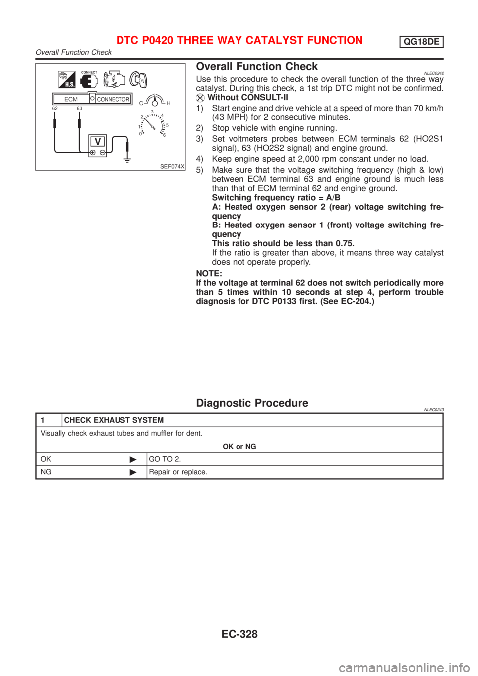 NISSAN ALMERA TINO 2001 Service Repair Manual SEF074X
Overall Function CheckNLEC0242Use this procedure to check the overall function of the three way
catalyst. During this check, a 1st trip DTC might not be confirmed.
Without CONSULT-II
1) Start NISSAN ALMERA TINO 2001 Service Repair Manual SEF074X
Overall Function CheckNLEC0242Use this procedure to check the overall function of the three way
catalyst. During this check, a 1st trip DTC might not be confirmed.
Without CONSULT-II
1) Start