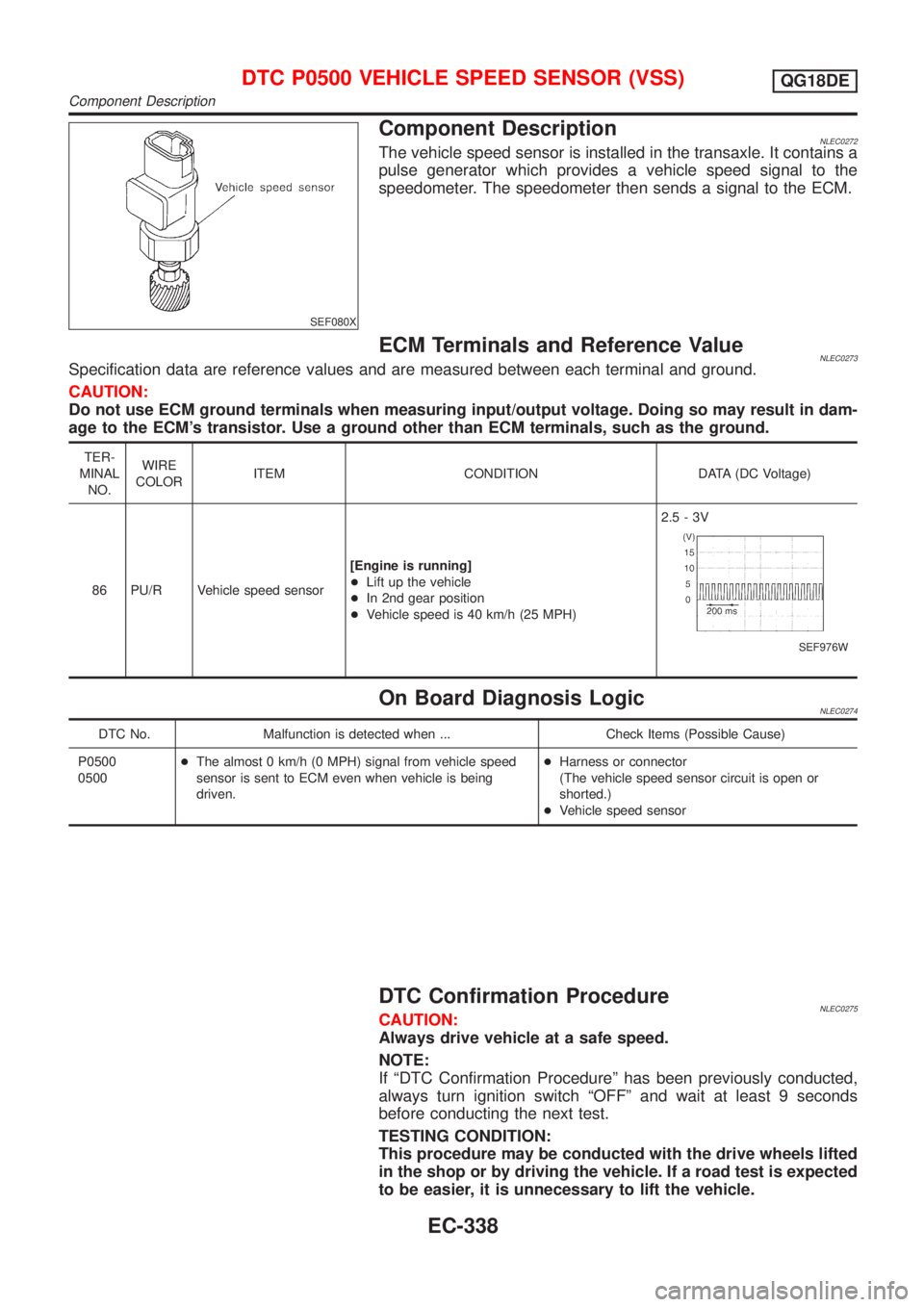 NISSAN ALMERA TINO 2001 Service Repair Manual SEF080X
Component DescriptionNLEC0272The vehicle speed sensor is installed in the transaxle. It contains a
pulse generator which provides a vehicle speed signal to the
speedometer. The speedometer the NISSAN ALMERA TINO 2001 Service Repair Manual SEF080X
Component DescriptionNLEC0272The vehicle speed sensor is installed in the transaxle. It contains a
pulse generator which provides a vehicle speed signal to the
speedometer. The speedometer the