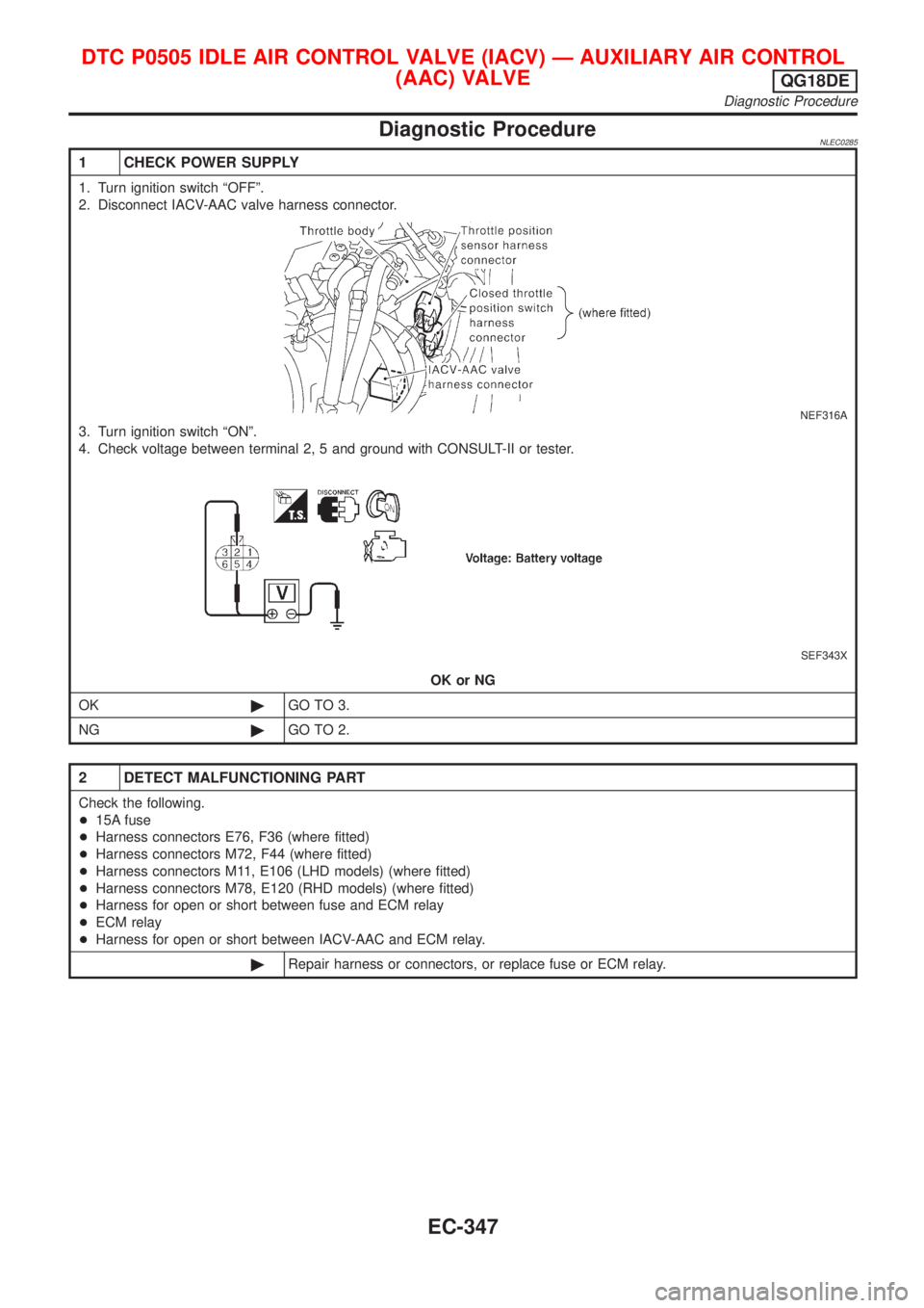 NISSAN ALMERA TINO 2001 Service Repair Manual Diagnostic ProcedureNLEC0285
1 CHECK POWER SUPPLY
1. Turn ignition switch ªOFFº.
2. Disconnect IACV-AAC valve harness connector.
NEF316A
3. Turn ignition switch ªONº.
4. Check voltage between term NISSAN ALMERA TINO 2001 Service Repair Manual Diagnostic ProcedureNLEC0285
1 CHECK POWER SUPPLY
1. Turn ignition switch ªOFFº.
2. Disconnect IACV-AAC valve harness connector.
NEF316A
3. Turn ignition switch ªONº.
4. Check voltage between term