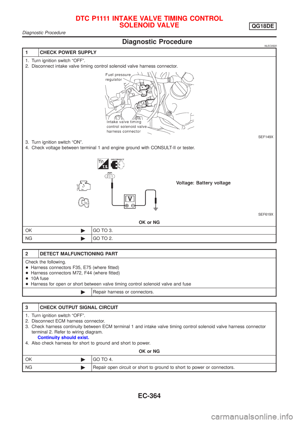 NISSAN ALMERA TINO 2001 Service Repair Manual Diagnostic ProcedureNLEC0520
1 CHECK POWER SUPPLY
1. Turn ignition switch ªOFFº.
2. Disconnect intake valve timing control solenoid valve harness connector.
SEF149X
3. Turn ignition switch ªONº.
4 NISSAN ALMERA TINO 2001 Service Repair Manual Diagnostic ProcedureNLEC0520
1 CHECK POWER SUPPLY
1. Turn ignition switch ªOFFº.
2. Disconnect intake valve timing control solenoid valve harness connector.
SEF149X
3. Turn ignition switch ªONº.
4