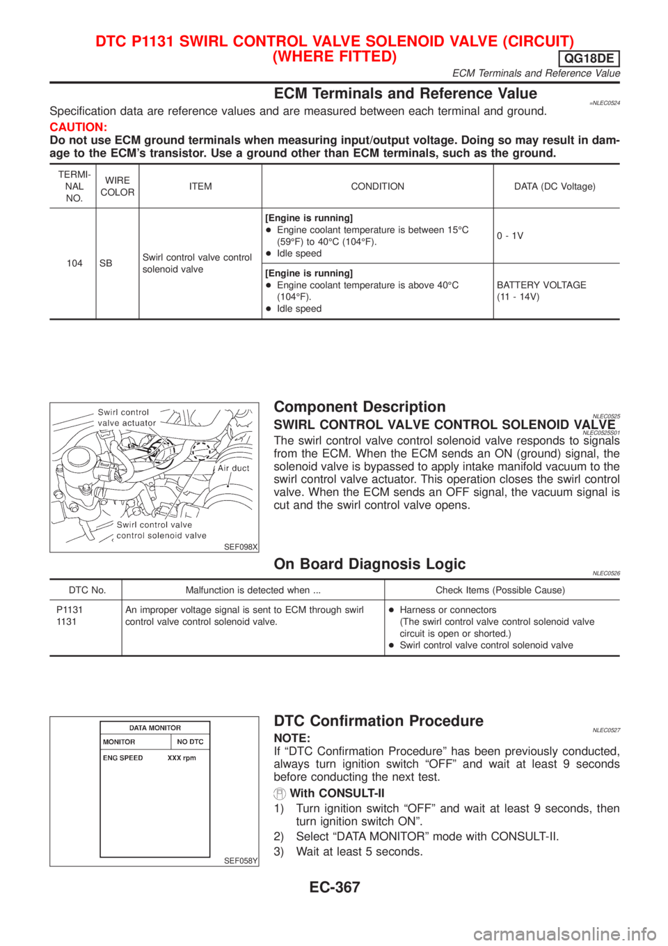 NISSAN ALMERA TINO 2001 Service Repair Manual ECM Terminals and Reference Value=NLEC0524Specification data are reference values and are measured between each terminal and ground.
CAUTION:
Do not use ECM ground terminals when measuring input/outpu NISSAN ALMERA TINO 2001 Service Repair Manual ECM Terminals and Reference Value=NLEC0524Specification data are reference values and are measured between each terminal and ground.
CAUTION:
Do not use ECM ground terminals when measuring input/outpu