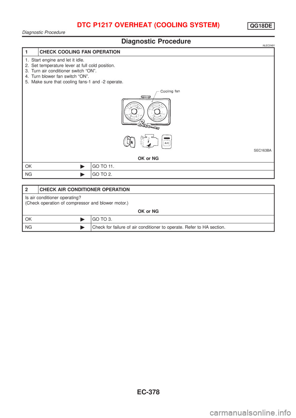 NISSAN ALMERA TINO 2001  Service Repair Manual Diagnostic ProcedureNLEC0491
1 CHECK COOLING FAN OPERATION
1. Start engine and let it idle.
2. Set temperature lever at full cold position.
3. Turn air conditioner switch ªONº.
4. Turn blower fan sw