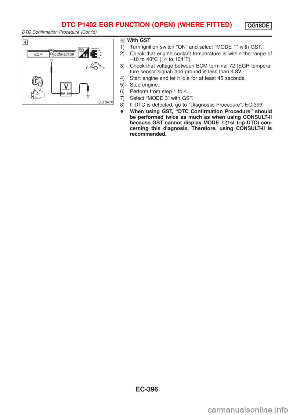 NISSAN ALMERA TINO 2001 Service Repair Manual SEF947X
With GST
1) Turn ignition switch ªONº and select ªMODE 1º with GST.
2) Check that engine coolant temperature is within the range of
þ10 to 40ÉC (14 to 104ÉF).
3) Check that voltage betw NISSAN ALMERA TINO 2001 Service Repair Manual SEF947X
With GST
1) Turn ignition switch ªONº and select ªMODE 1º with GST.
2) Check that engine coolant temperature is within the range of
þ10 to 40ÉC (14 to 104ÉF).
3) Check that voltage betw