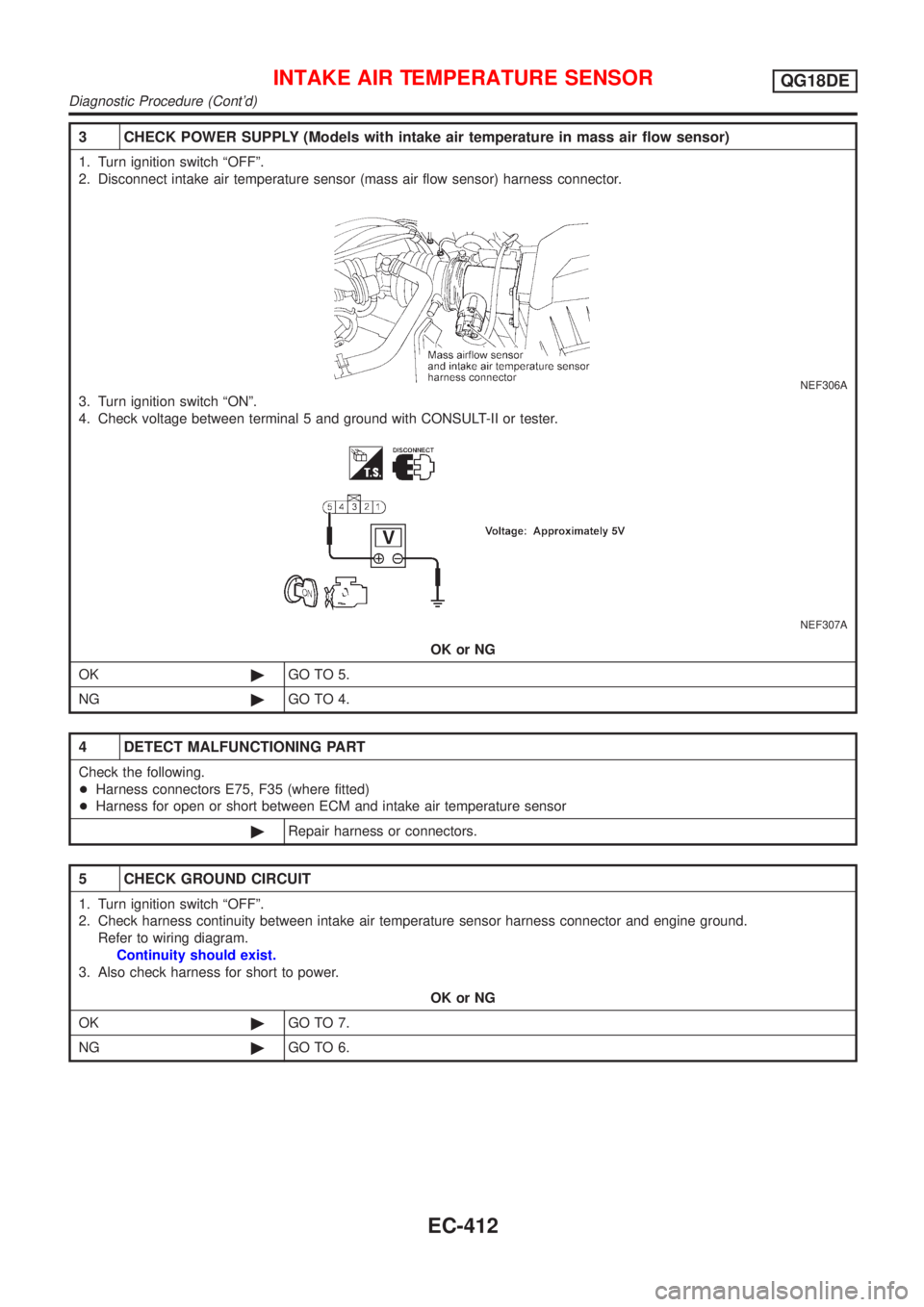 NISSAN ALMERA TINO 2001  Service Repair Manual 3 CHECK POWER SUPPLY (Models with intake air temperature in mass air flow sensor)
1. Turn ignition switch ªOFFº.
2. Disconnect intake air temperature sensor (mass air flow sensor) harness connector.