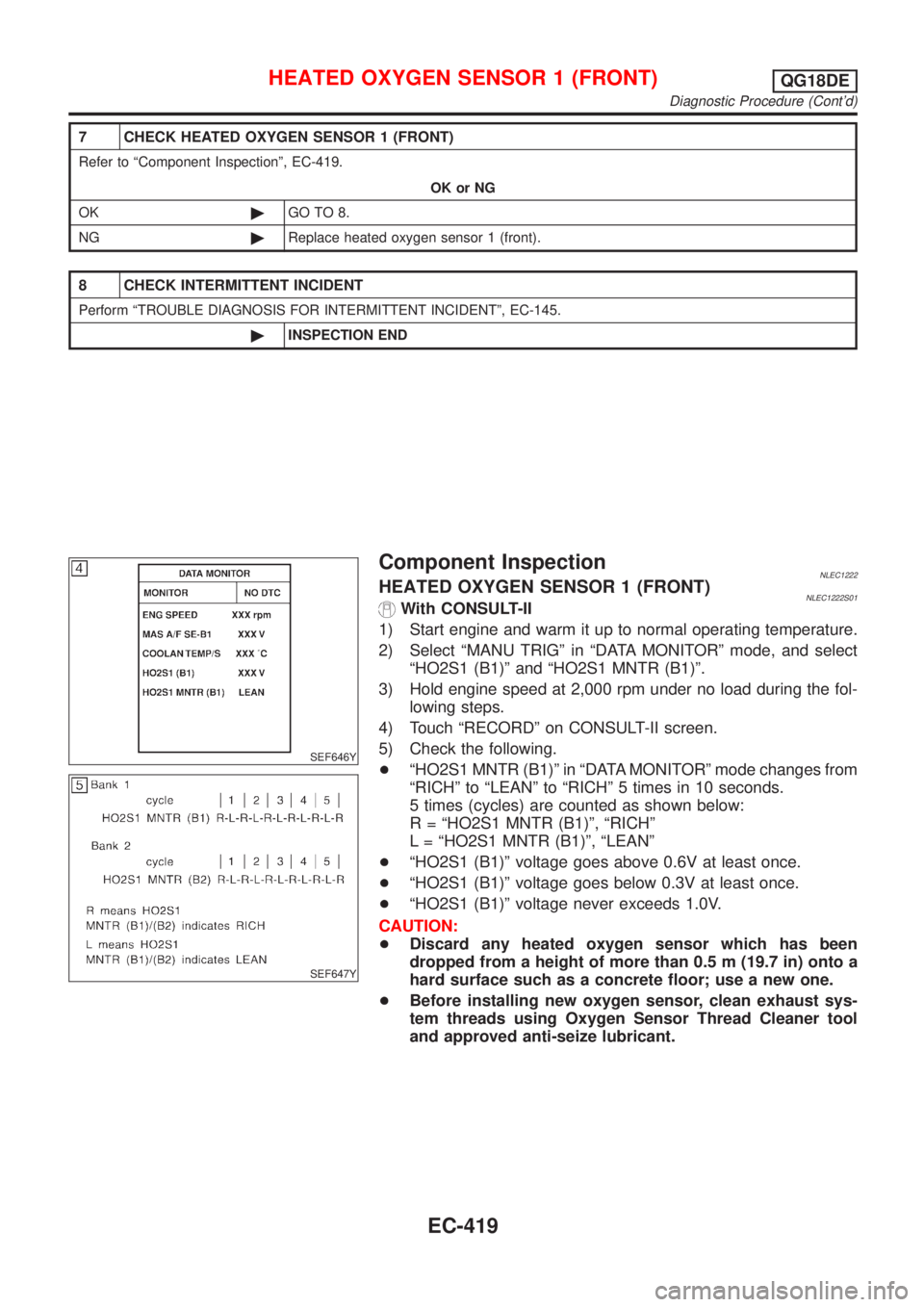 NISSAN ALMERA TINO 2001 Service Repair Manual 7 CHECK HEATED OXYGEN SENSOR 1 (FRONT)
Refer to ªComponent Inspectionº, EC-419.
OK or NG
OK©GO TO 8.
NG©Replace heated oxygen sensor 1 (front).
8 CHECK INTERMITTENT INCIDENT
Perform ªTROUBLE DIAG NISSAN ALMERA TINO 2001 Service Repair Manual 7 CHECK HEATED OXYGEN SENSOR 1 (FRONT)
Refer to ªComponent Inspectionº, EC-419.
OK or NG
OK©GO TO 8.
NG©Replace heated oxygen sensor 1 (front).
8 CHECK INTERMITTENT INCIDENT
Perform ªTROUBLE DIAG
