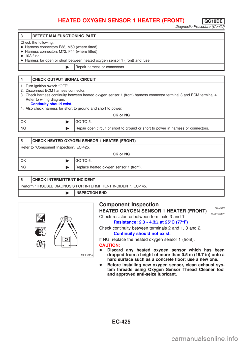 NISSAN ALMERA TINO 2001 Service Repair Manual 3 DETECT MALFUNCTIONING PART
Check the following.
+Harness connectors F38, M50 (where fitted)
+Harness connectors M72, F44 (where fitted)
+10A fuse
+Harness for open or short between heated oxygen sen NISSAN ALMERA TINO 2001 Service Repair Manual 3 DETECT MALFUNCTIONING PART
Check the following.
+Harness connectors F38, M50 (where fitted)
+Harness connectors M72, F44 (where fitted)
+10A fuse
+Harness for open or short between heated oxygen sen