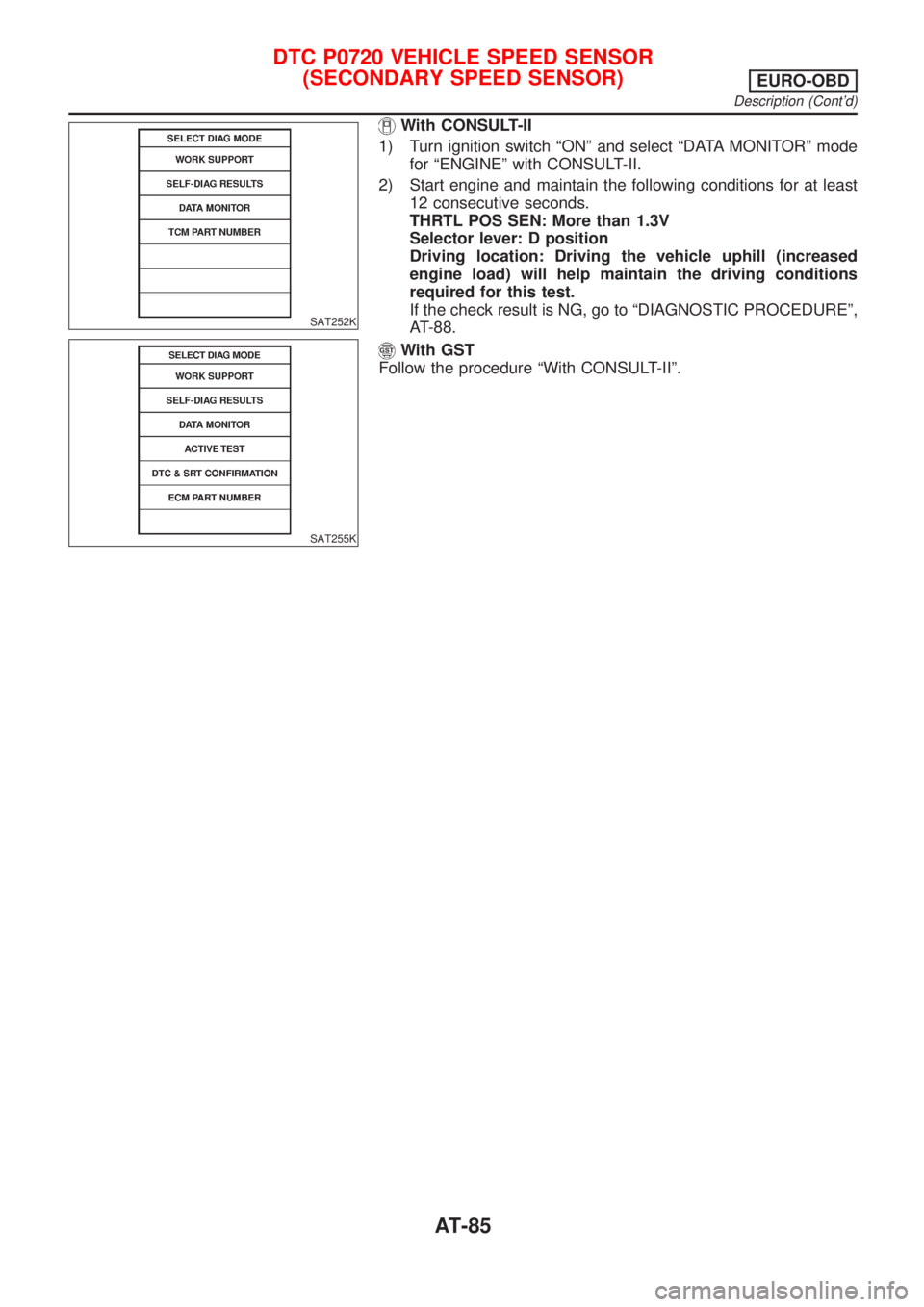 NISSAN ALMERA TINO 2001  Service Manual Online SAT252K
SAT255K
With CONSULT-II
1) Turn ignition switch ªONº and select ªDATA MONITORº mode
for ªENGINEº with CONSULT-II.
2) Start engine and maintain the following conditions for at least
12 co