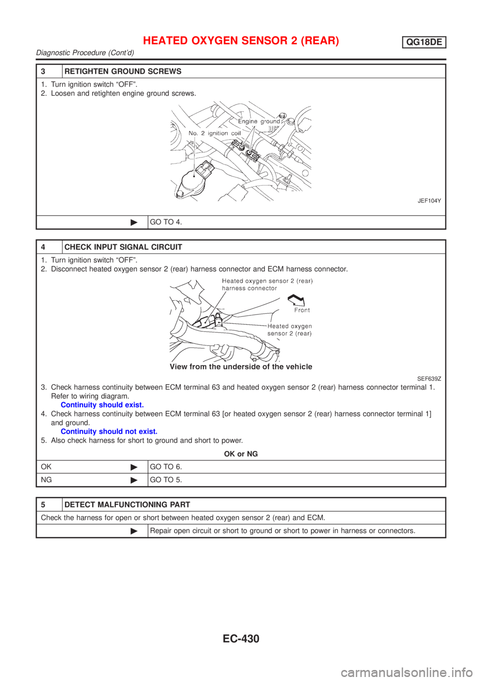 NISSAN ALMERA TINO 2001 Service Repair Manual 3 RETIGHTEN GROUND SCREWS
1. Turn ignition switch ªOFFº.
2. Loosen and retighten engine ground screws.
JEF104Y
©GO TO 4.
4 CHECK INPUT SIGNAL CIRCUIT
1. Turn ignition switch ªOFFº.
2. Disconnect NISSAN ALMERA TINO 2001 Service Repair Manual 3 RETIGHTEN GROUND SCREWS
1. Turn ignition switch ªOFFº.
2. Loosen and retighten engine ground screws.
JEF104Y
©GO TO 4.
4 CHECK INPUT SIGNAL CIRCUIT
1. Turn ignition switch ªOFFº.
2. Disconnect