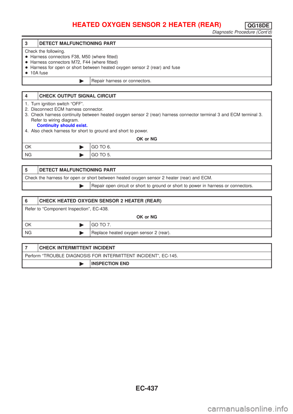 NISSAN ALMERA TINO 2001 Service Repair Manual 3 DETECT MALFUNCTIONING PART
Check the following.
+Harness connectors F38, M50 (where fitted)
+Harness connectors M72, F44 (where fitted)
+Harness for open or short between heated oxygen sensor 2 (rea NISSAN ALMERA TINO 2001 Service Repair Manual 3 DETECT MALFUNCTIONING PART
Check the following.
+Harness connectors F38, M50 (where fitted)
+Harness connectors M72, F44 (where fitted)
+Harness for open or short between heated oxygen sensor 2 (rea
