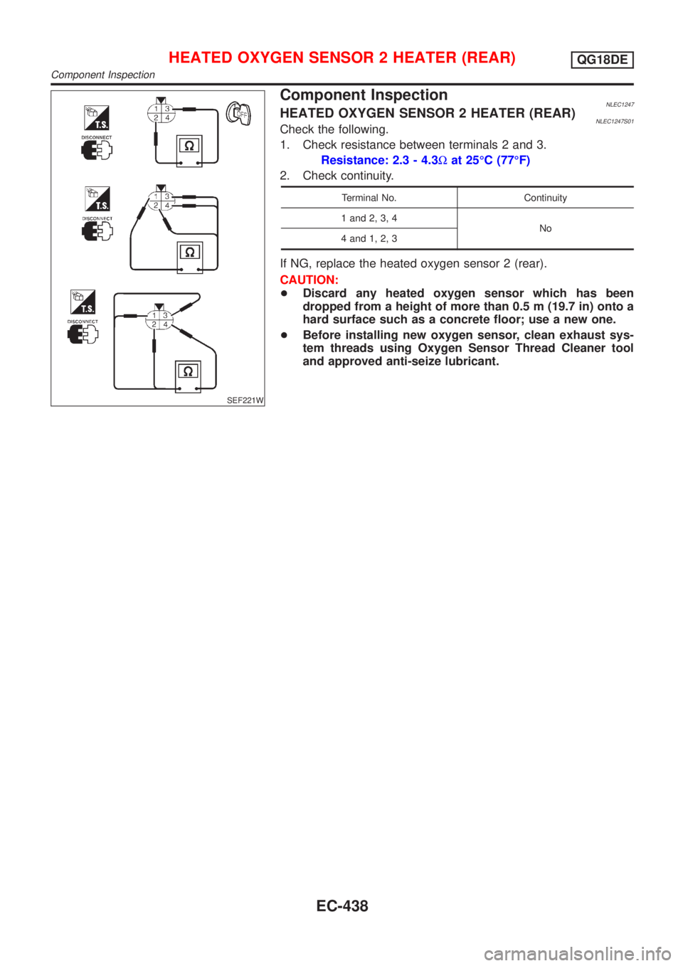 NISSAN ALMERA TINO 2001  Service Repair Manual SEF221W
Component InspectionNLEC1247HEATED OXYGEN SENSOR 2 HEATER (REAR)NLEC1247S01Check the following.
1. Check resistance between terminals 2 and 3.
Resistance: 2.3 - 4.3Wat 25ÉC (77ÉF)
2. Check c