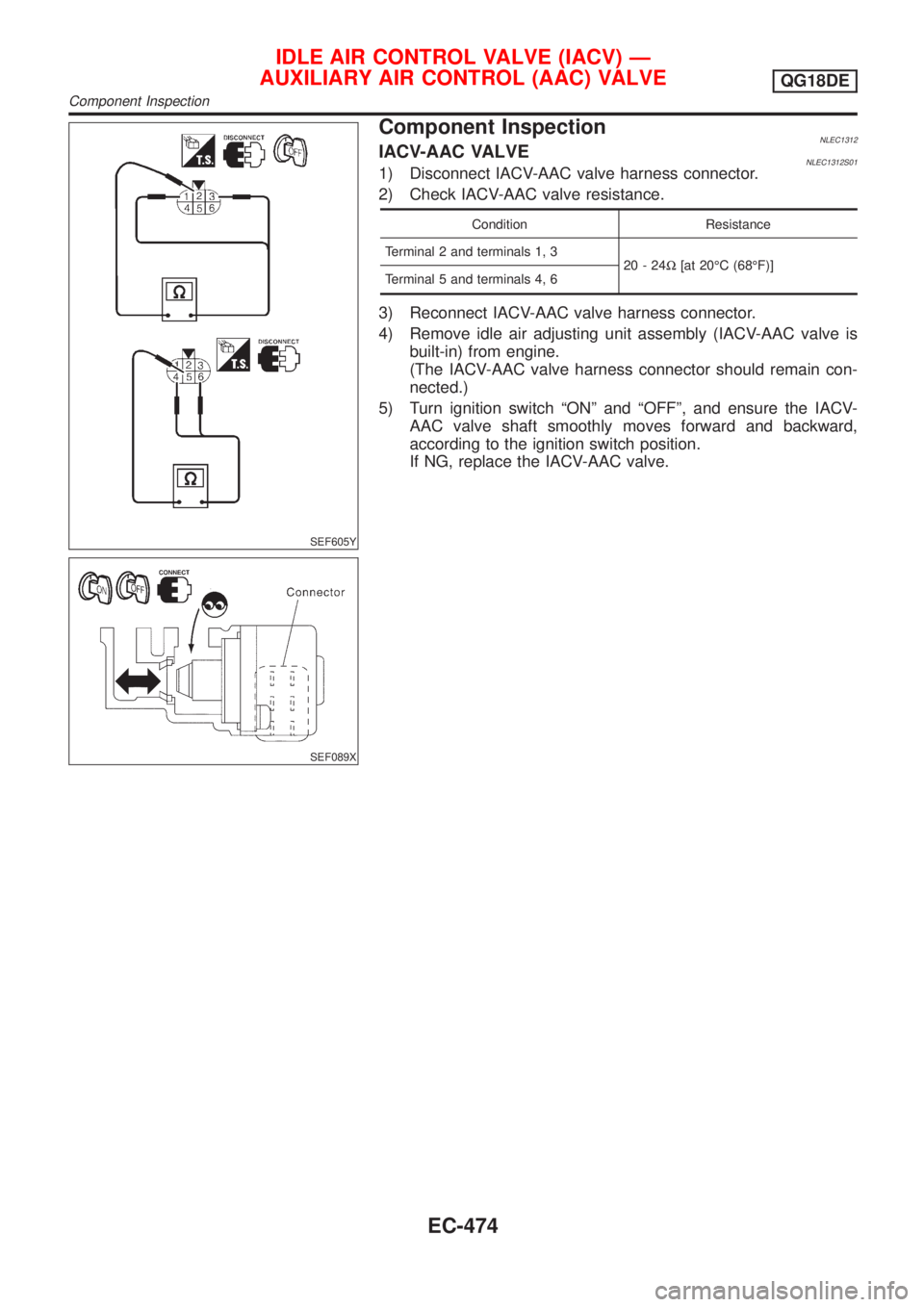NISSAN ALMERA TINO 2001 Service Repair Manual SEF605Y
SEF089X
Component InspectionNLEC1312IACV-AAC VALVENLEC1312S011) Disconnect IACV-AAC valve harness connector.
2) Check IACV-AAC valve resistance.
Condition Resistance
Terminal 2 and terminals 1 NISSAN ALMERA TINO 2001 Service Repair Manual SEF605Y
SEF089X
Component InspectionNLEC1312IACV-AAC VALVENLEC1312S011) Disconnect IACV-AAC valve harness connector.
2) Check IACV-AAC valve resistance.
Condition Resistance
Terminal 2 and terminals 1