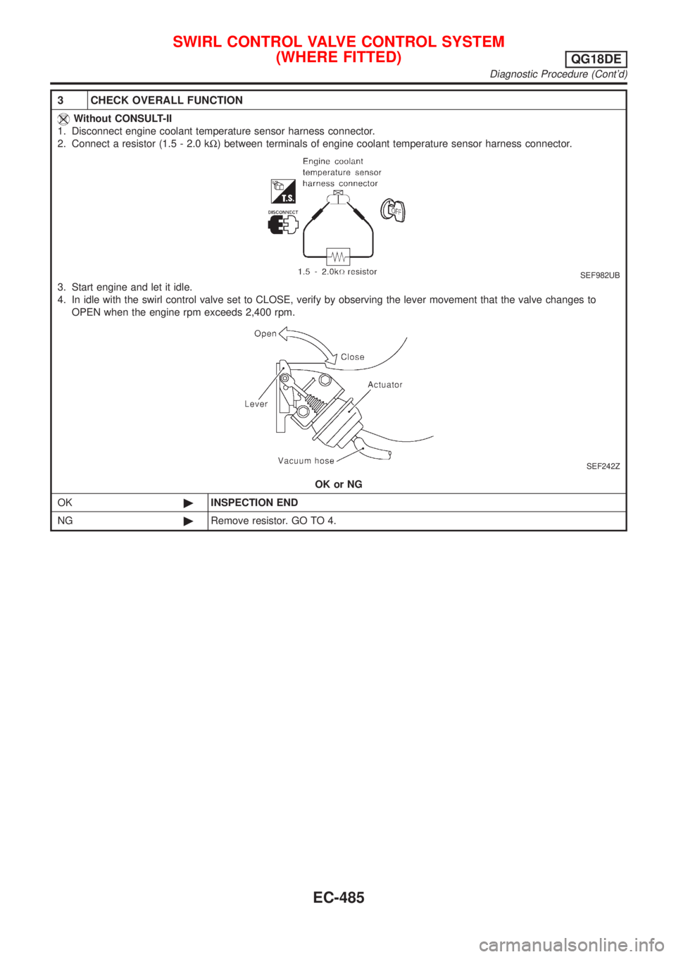 NISSAN ALMERA TINO 2001 Service Repair Manual 3 CHECK OVERALL FUNCTION
Without CONSULT-II
1. Disconnect engine coolant temperature sensor harness connector.
2. Connect a resistor (1.5 - 2.0 kW) between terminals of engine coolant temperature sens NISSAN ALMERA TINO 2001 Service Repair Manual 3 CHECK OVERALL FUNCTION
Without CONSULT-II
1. Disconnect engine coolant temperature sensor harness connector.
2. Connect a resistor (1.5 - 2.0 kW) between terminals of engine coolant temperature sens