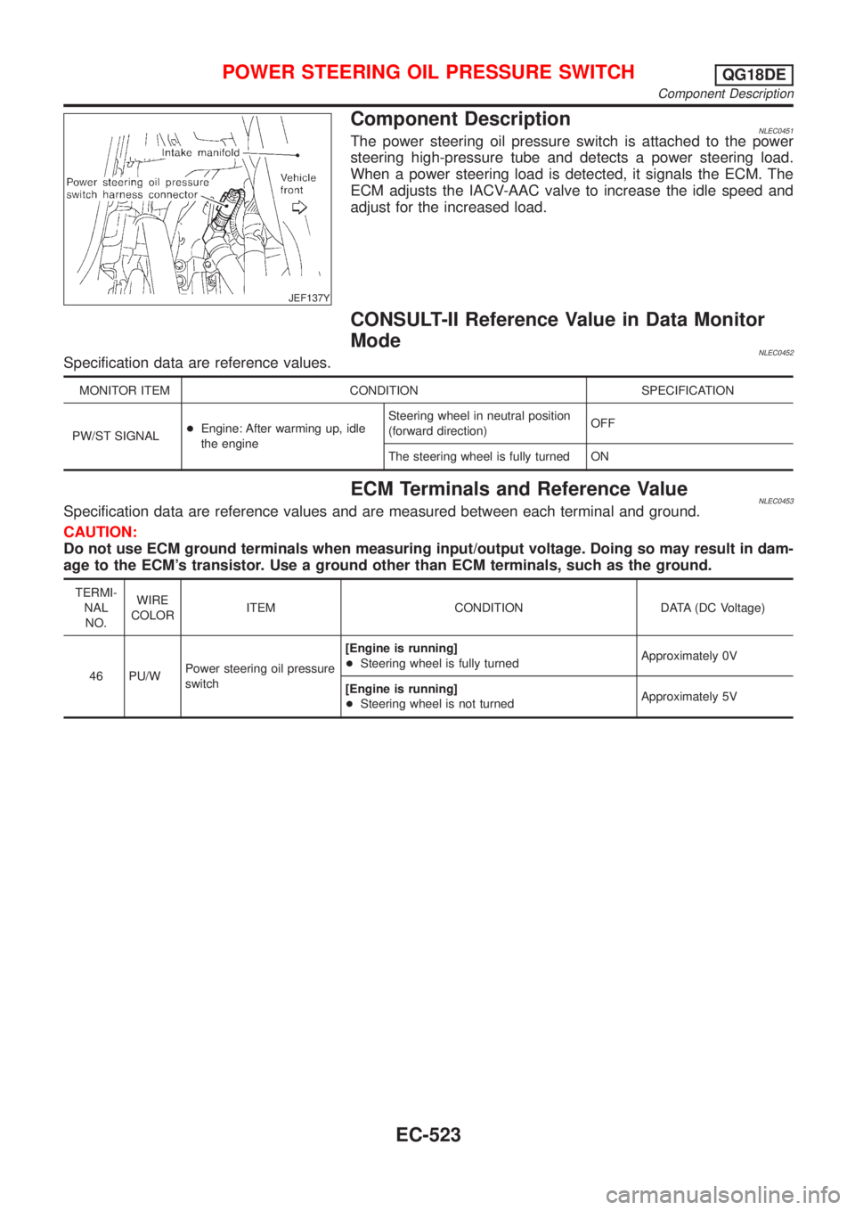 NISSAN ALMERA TINO 2001 Service Repair Manual JEF137Y
Component DescriptionNLEC0451The power steering oil pressure switch is attached to the power
steering high-pressure tube and detects a power steering load.
When a power steering load is detect NISSAN ALMERA TINO 2001 Service Repair Manual JEF137Y
Component DescriptionNLEC0451The power steering oil pressure switch is attached to the power
steering high-pressure tube and detects a power steering load.
When a power steering load is detect
