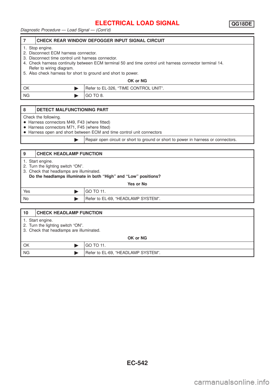 NISSAN ALMERA TINO 2001  Service Repair Manual 7  CHEC KREA RWINDO WDEFOGGE RINPU TSIGNA LCIRCUIT
8  DETEC TMALFUNCTIONIN GPART
9  CHEC KHEADLAM PFUNCTION
10   CHEC KHEADLAM PFUNCTION
Diagnostic Procedure Ð Load Signal Ð (Contd) 