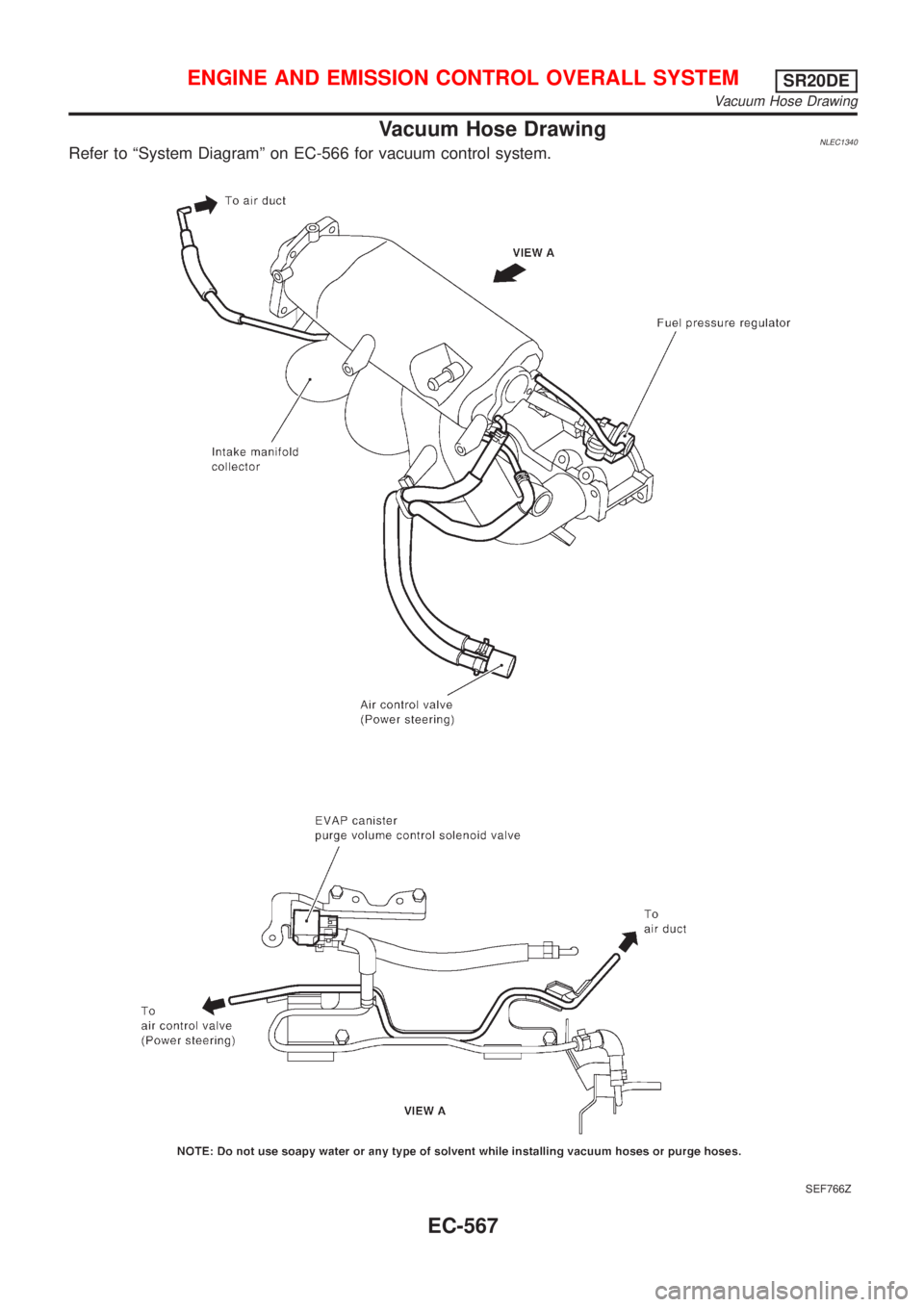 NISSAN ALMERA TINO 2001  Service Repair Manual Vacuum Hose DrawingNLEC1340Refer to ªSystem Diagramº on EC-566 for vacuum control system.
SEF766Z
ENGINE AND EMISSION CONTROL OVERALL SYSTEMSR20DE
Vacuum Hose Drawing
EC-567 