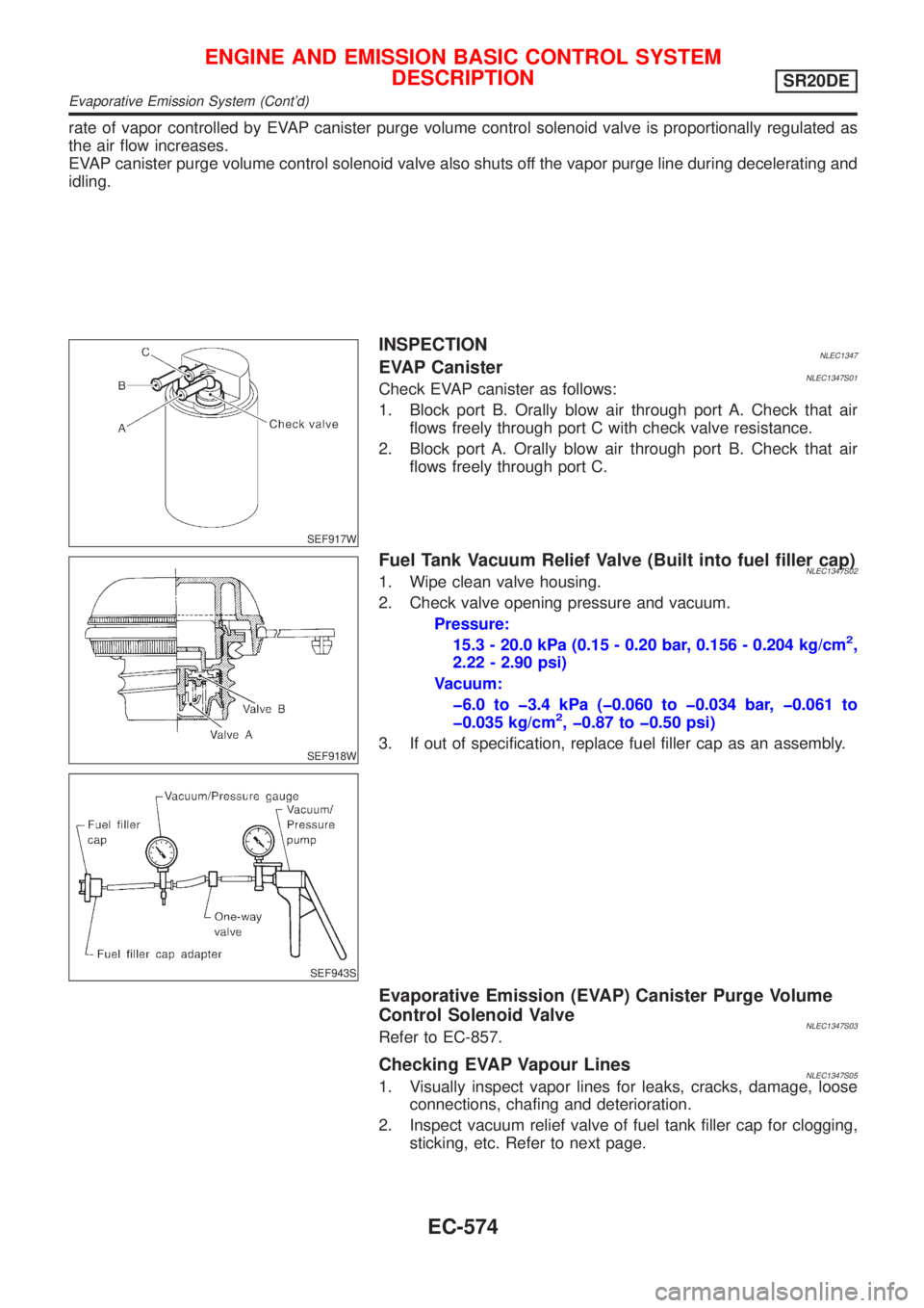 NISSAN ALMERA TINO 2001  Service Repair Manual rate of vapor controlled by EVAP canister purge volume control solenoid valve is proportionally regulated as
the air flow increases.
EVAP canister purge volume control solenoid valve also shuts off th