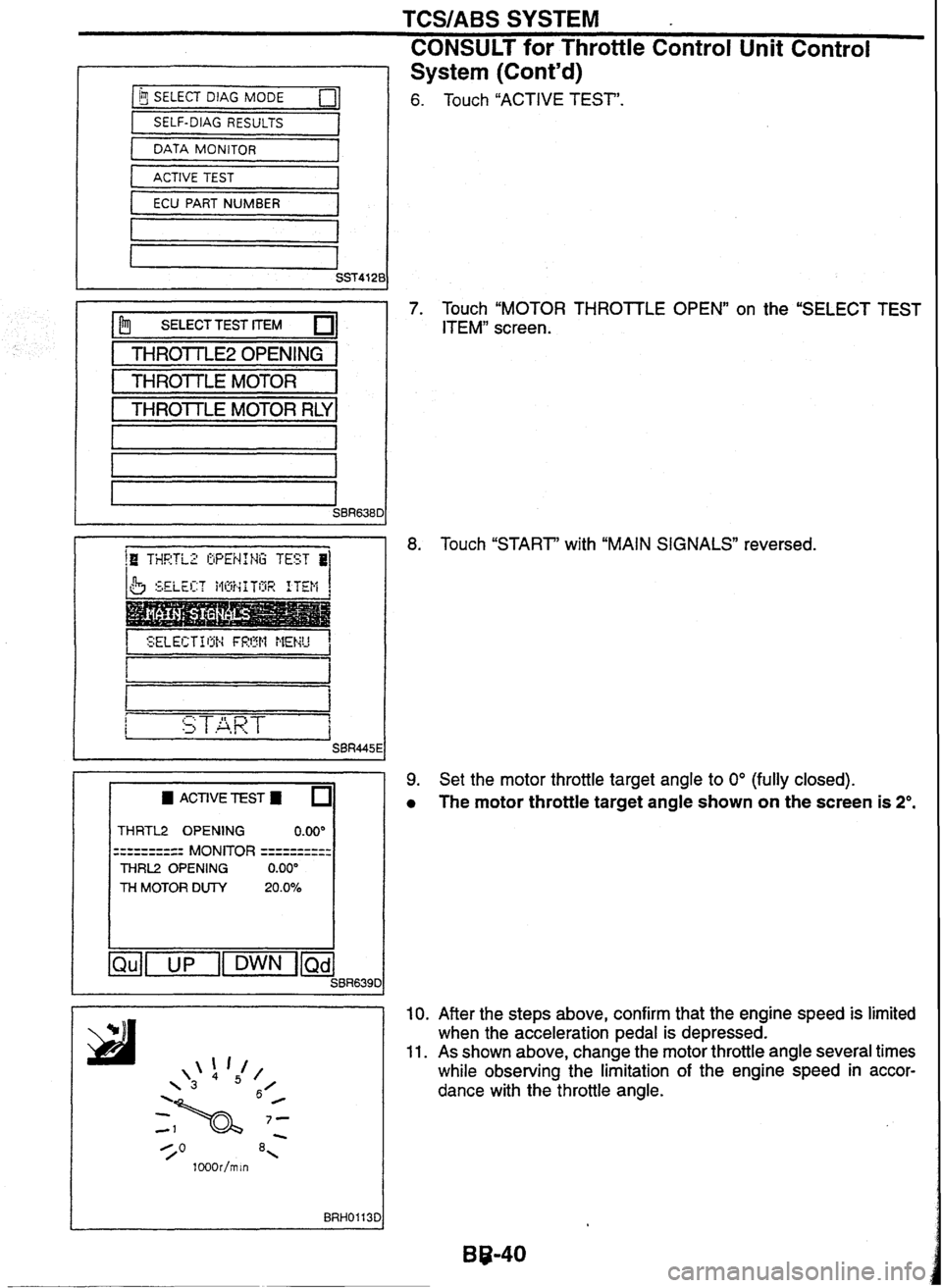 NISSAN GT-R 1998  Service Manual 
TCSIABS SYSTEM 
CONSULT 
for Throttle Control Unit Control 
bJ SELECT DIAG MODE 
SELF-DIAG RESULTS & I 
DATA  MONITOR 1 
ACTIVE  TEST I 
ECU PART NUMBER I 
I P?j SELECTTEST  ITEM 
I THROTIIEZ OPENING