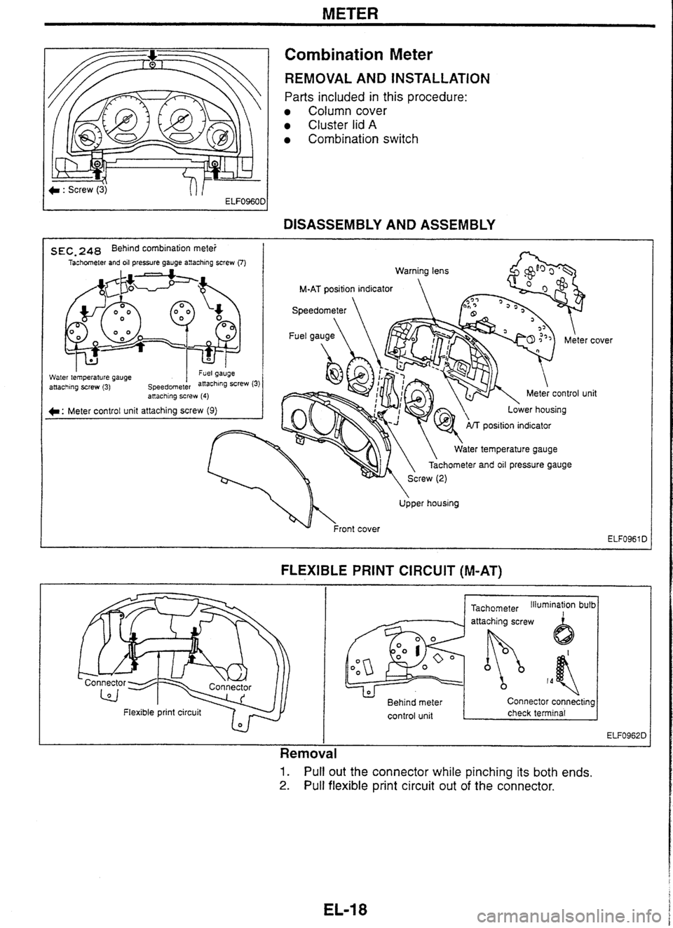 NISSAN GT-R 1998 Service Manual
METER
Combination Meter
REMOVAL AND INSTALLATION
Parts included in this procedure:
Column cover
Cluster lid A
Combination switch
-
DISASSEMBLY AND ASSEMBLY
s EC, 248 Behind combination NISSAN GT-R 1998 Service Manual
METER
Combination Meter
REMOVAL AND INSTALLATION
Parts included in this procedure:
Column cover
Cluster lid A
Combination switch
-
DISASSEMBLY AND ASSEMBLY
s EC, 248 Behind combination