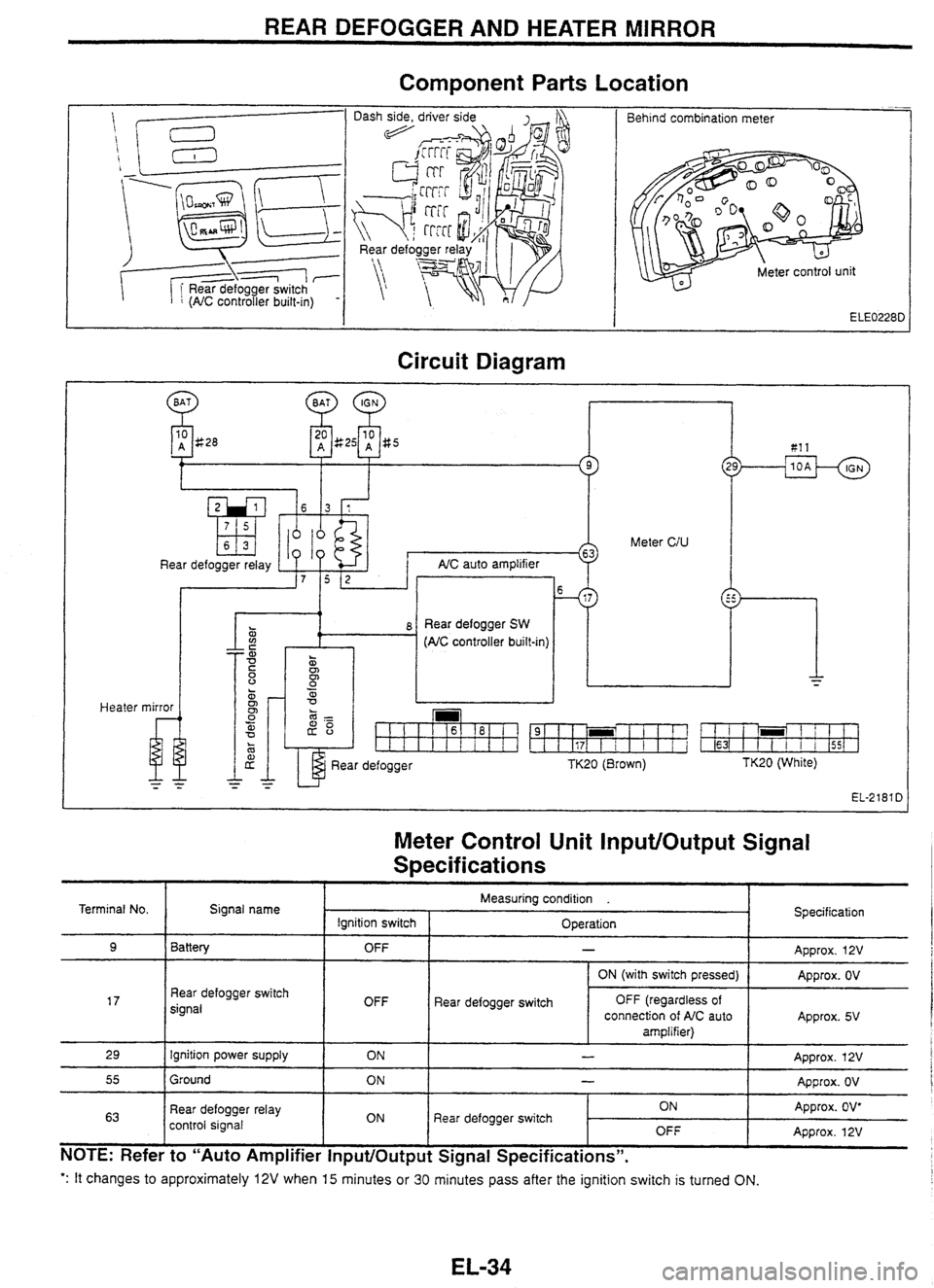 NISSAN GT-R 1998  Service Manual 
REAR DEFOGGER AND HEATER MIRROR 
Component 
Parts Location 
-- Behind combination meter 
Circuit  Diagram 
Heater 
10 A g28 81 1 
Meter CIU 
Rear  defogger relay AIC auto ampl~f~er 
. 0 
z i 8 Rear d