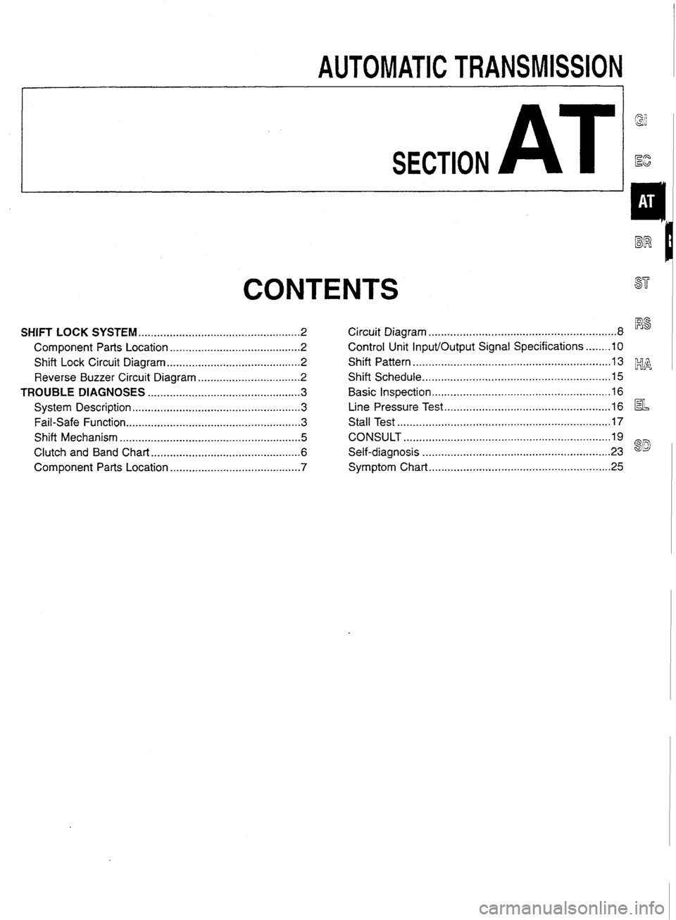 NISSAN GT-R 1998 Workshop Manual
AUTOMATIC TRANSMISSION
SECTION
AT
CONTENTS
SHIFT LOCK SYSTEM .................................................... 2
Component Parts Location .......................................... 2
Shift NISSAN GT-R 1998 Workshop Manual
AUTOMATIC TRANSMISSION
SECTION
AT
CONTENTS
SHIFT LOCK SYSTEM .................................................... 2
Component Parts Location .......................................... 2
Shift