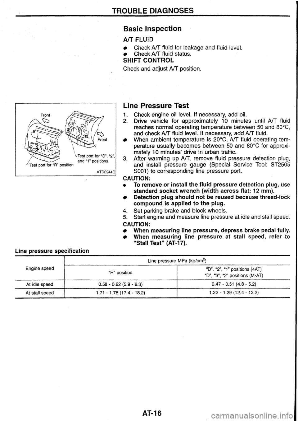 NISSAN GT-R 1998 Repair Manual
TROUBLE DIAGNOSES
n t
\-Test port for "D", "2", and "1" positions
I Test port for "I?" position I
Line pressure specification
Basic Inspection
Arr FLUlD
Check A/T fluid for leakage and fl NISSAN GT-R 1998 Repair Manual
TROUBLE DIAGNOSES
n t
\-Test port for "D", "2", and "1" positions
I Test port for "I?" position I
Line pressure specification
Basic Inspection
Arr FLUlD
Check A/T fluid for leakage and fl