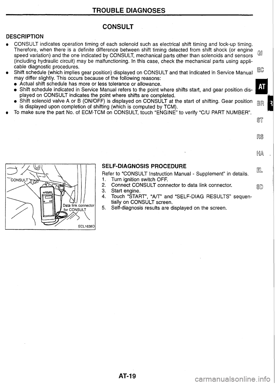 NISSAN GT-R 1998 Owners Guide
TROUBLE DIAGNOSES
DESCRIPTION
CONSULT indicates operation timing of each solenoid such as electrical shift timing and lock-up timing.
Therefore, when there is a definite difference betwe NISSAN GT-R 1998 Owners Guide
TROUBLE DIAGNOSES
DESCRIPTION
CONSULT indicates operation timing of each solenoid such as electrical shift timing and lock-up timing.
Therefore, when there is a definite difference betwe