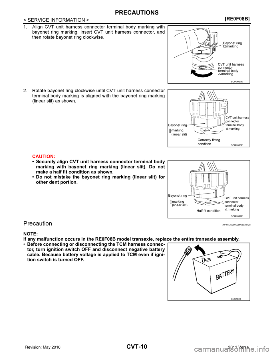 NISSAN LATIO 2011  Service Repair Manual CVT-10
< SERVICE INFORMATION >[RE0F08B]
PRECAUTIONS
1. Align CVT unit harness connector terminal body marking with
bayonet ring marking, insert CVT unit harness connector, and
then rotate bayonet ring