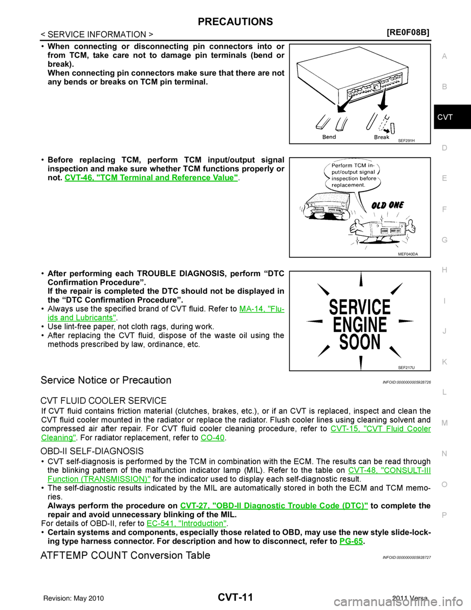NISSAN LATIO 2011  Service Repair Manual PRECAUTIONSCVT-11
< SERVICE INFORMATION > [RE0F08B]
D
E
F
G H
I
J
K L
M A
B
CVT
N
O P
• When connecting or disconnecting pin connectors into or
from TCM, take care not to damage pin terminals (bend 