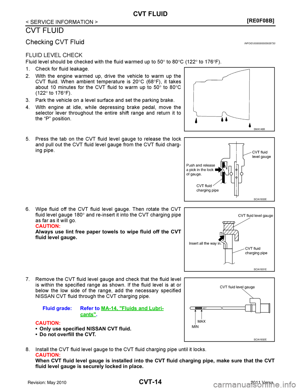 NISSAN LATIO 2011  Service Repair Manual CVT-14
< SERVICE INFORMATION >[RE0F08B]
CVT FLUID
CVT FLUID
Checking CVT FluidINFOID:0000000005928730
FLUID LEVEL CHECK
Fluid level should be checked with the fluid warmed up to 50
° to 80° C (122°