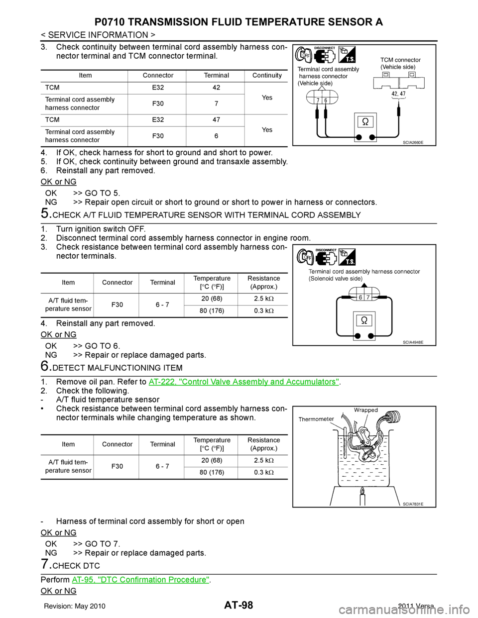 NISSAN LATIO 2011  Service Repair Manual AT-98
< SERVICE INFORMATION >
P0710 TRANSMISSION FLUID TEMPERATURE SENSOR A
3. Check continuity between terminal cord assembly harness con-
nector terminal and TCM connector terminal.
4. If OK, check 