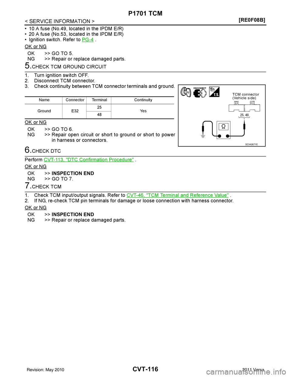 NISSAN LATIO 2011  Service Repair Manual CVT-116
< SERVICE INFORMATION >[RE0F08B]
P1701 TCM
• 10 A fuse (No.49, located in the IPDM E/R) 
• 20 A fuse (No.53, located in the IPDM E/R) 
• Ignition switch. Refer to 
PG-4
 .
OK or NG
OK >>
